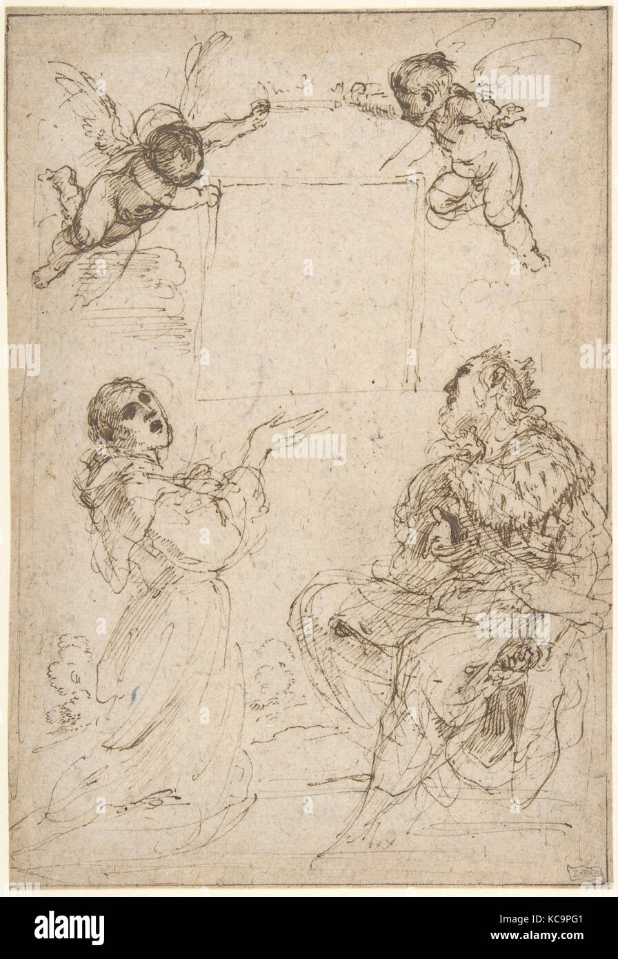 Hl. Franz von Assisi und die hl. Ludwig von Frankreich Verehrung eines Bildes der Jungfrau, Guercino, Ca. 1618 Stockfoto