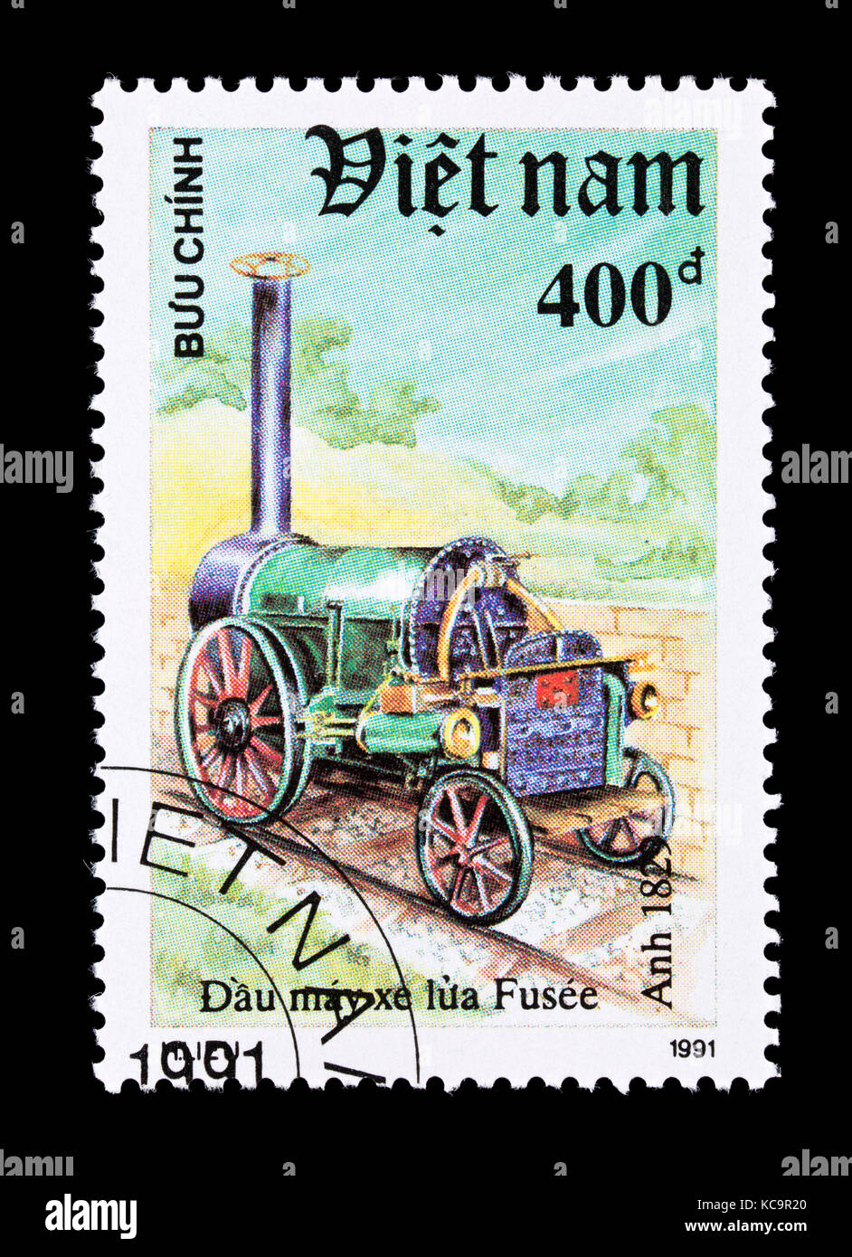 Briefmarke aus Vietnam mit der Darstellung der Puffing Billy frühen Dampflokomotive. Stockfoto