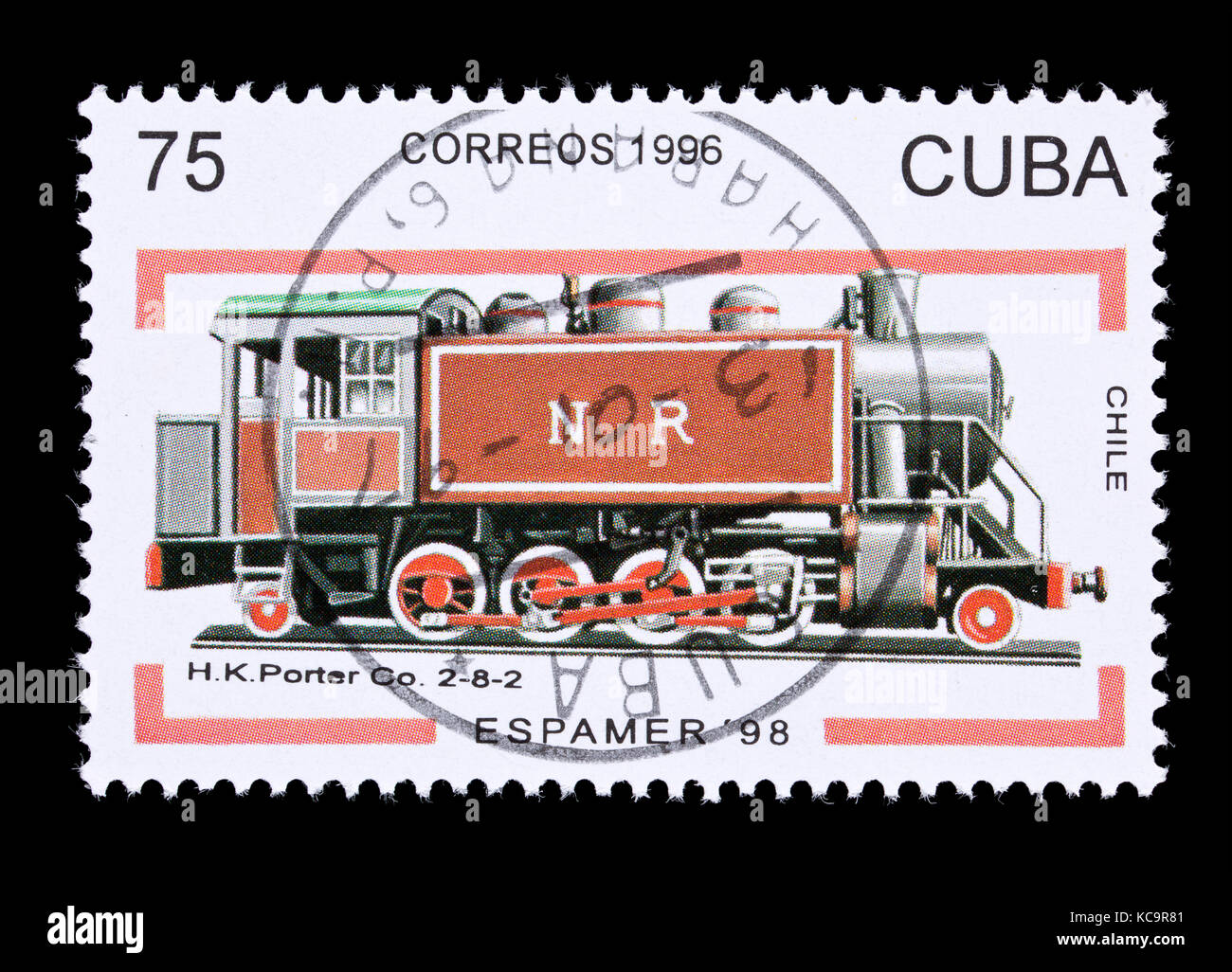 Briefmarke aus Kuba, die einen H.K. Porter 2-8-2 Dampflok aus Chile Stockfoto