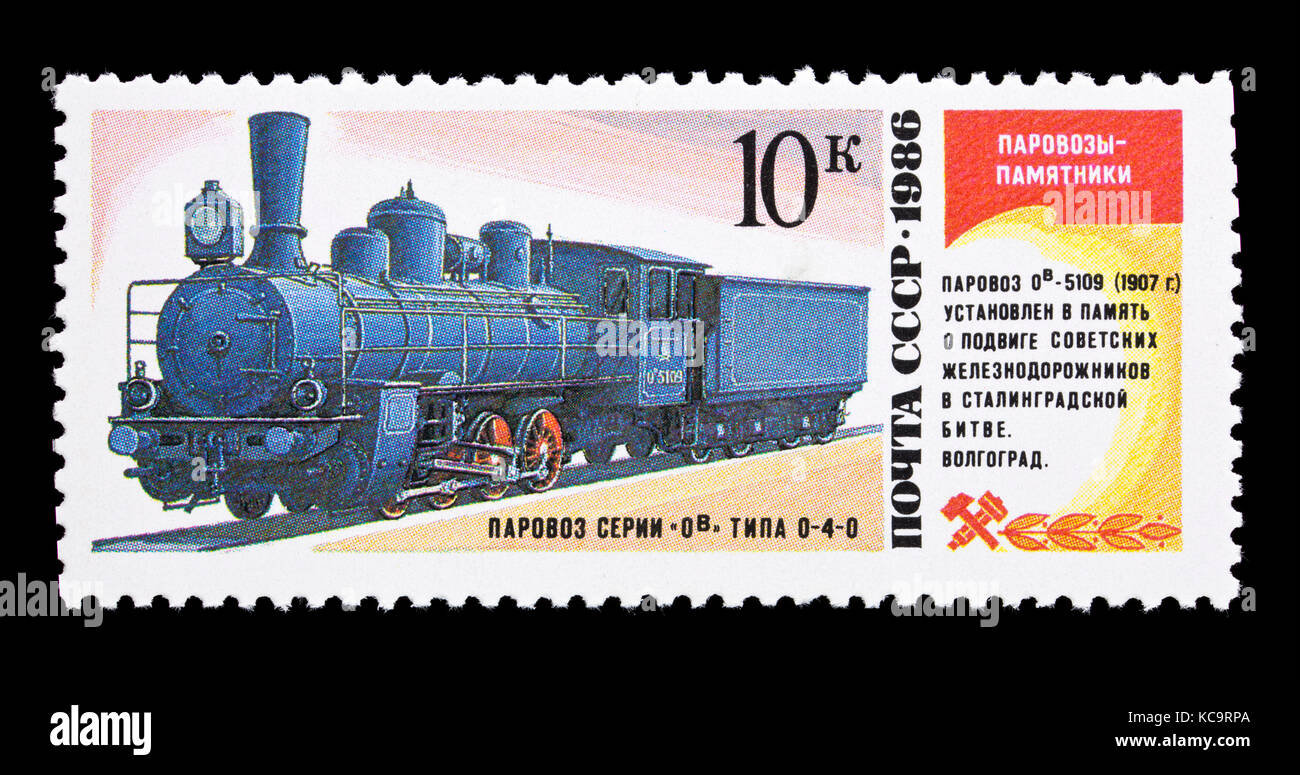 Briefmarke aus der Sowjetunion mit der Darstellung eines OV 5109 Dampflok aus dem Jahr 1907. Stockfoto