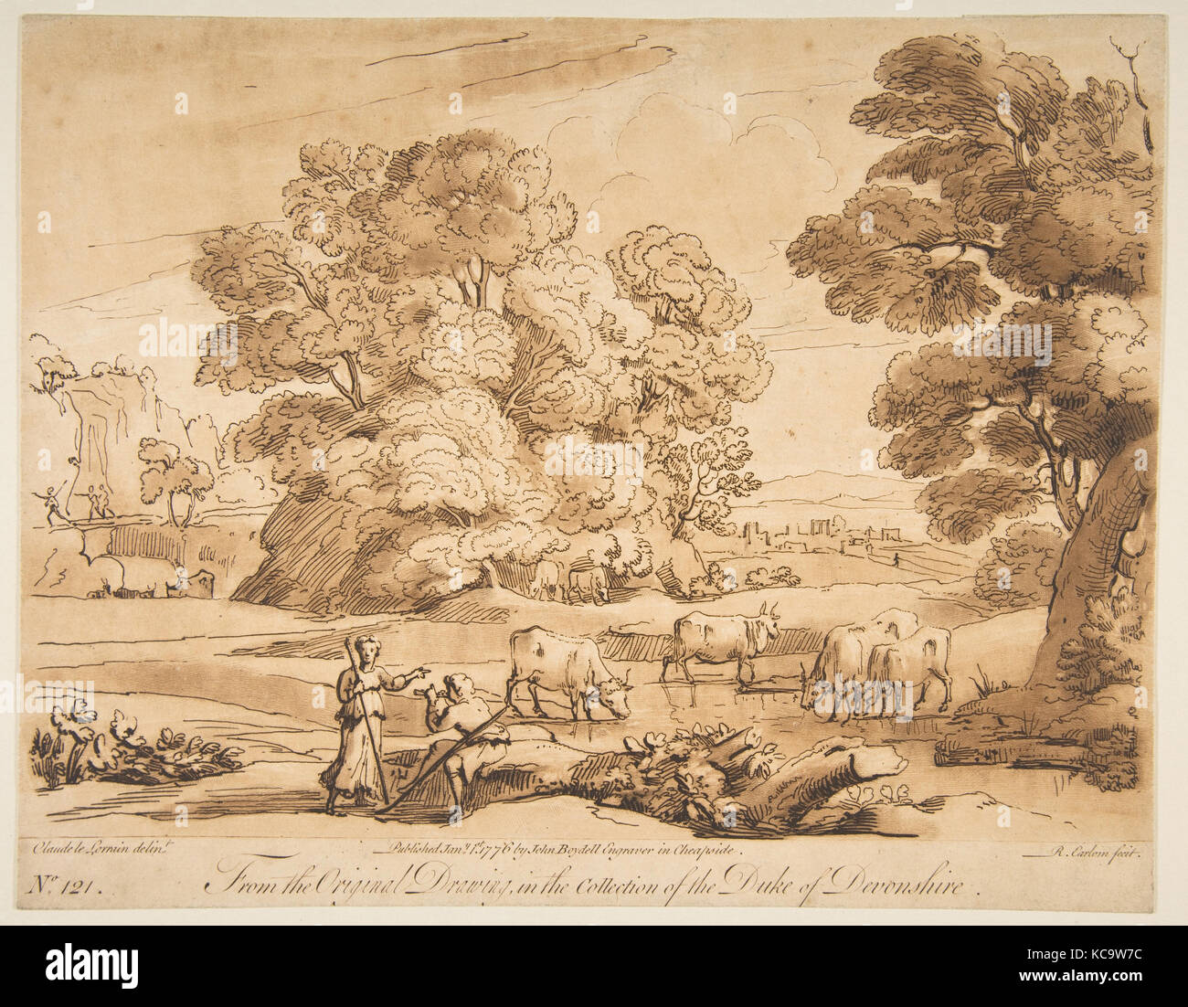 Landschaft mit Schäfer und Schäferin, Richard Earlom, 1776 Stockfoto