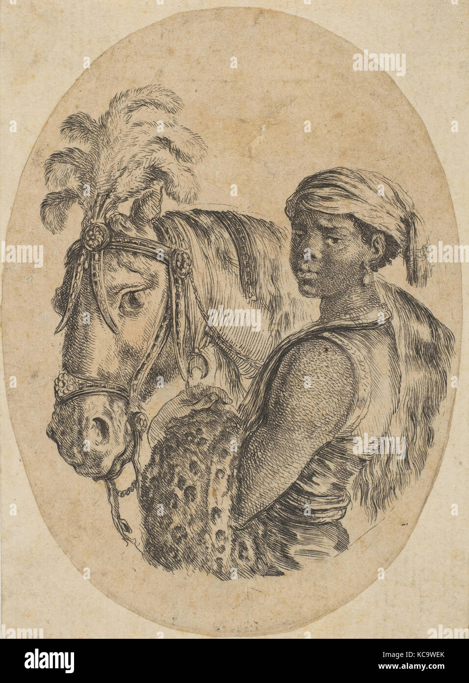 Schwarzer Sklave trägt ein Leopard Fell und hält die Zügel eines Pferdes, von 'Mehrere Köpfe im persischen Stil' (Plusieurs Temple Stockfoto