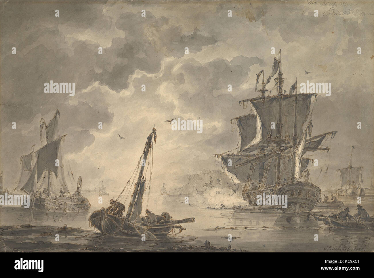 Marine, die Kanone geschossen, Johannes Christiaan Schotel Stockfoto