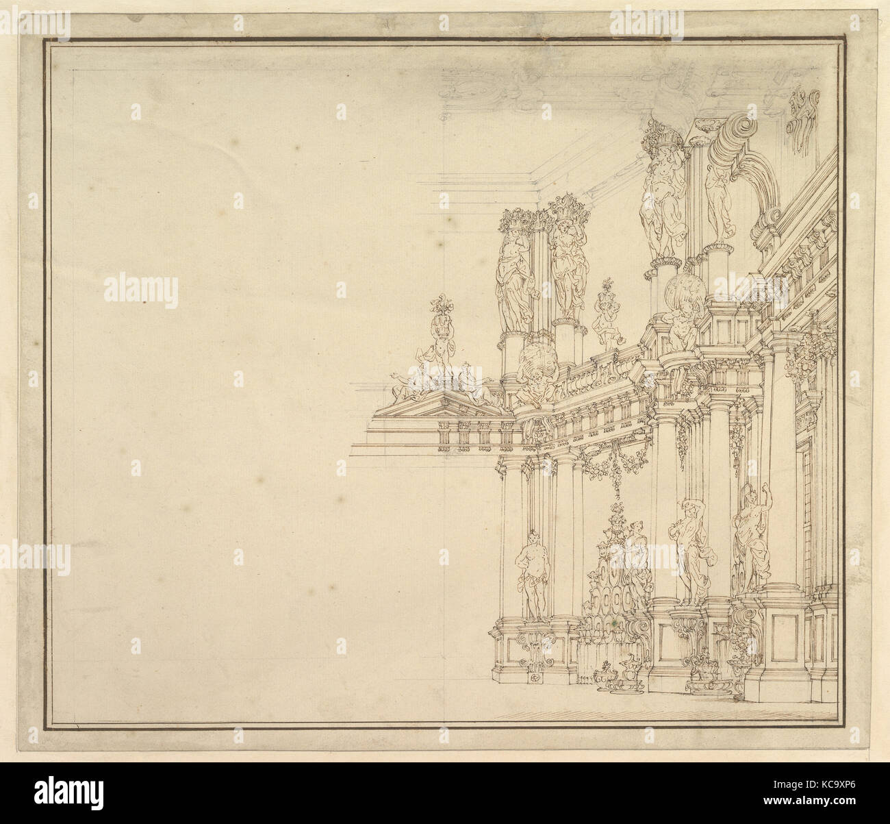 Design für ein Bühnenbild: Palast Saal mit Säulen und Statuen., Workshop von Giuseppe Galli Bibiena, 1696 - 1756 Stockfoto