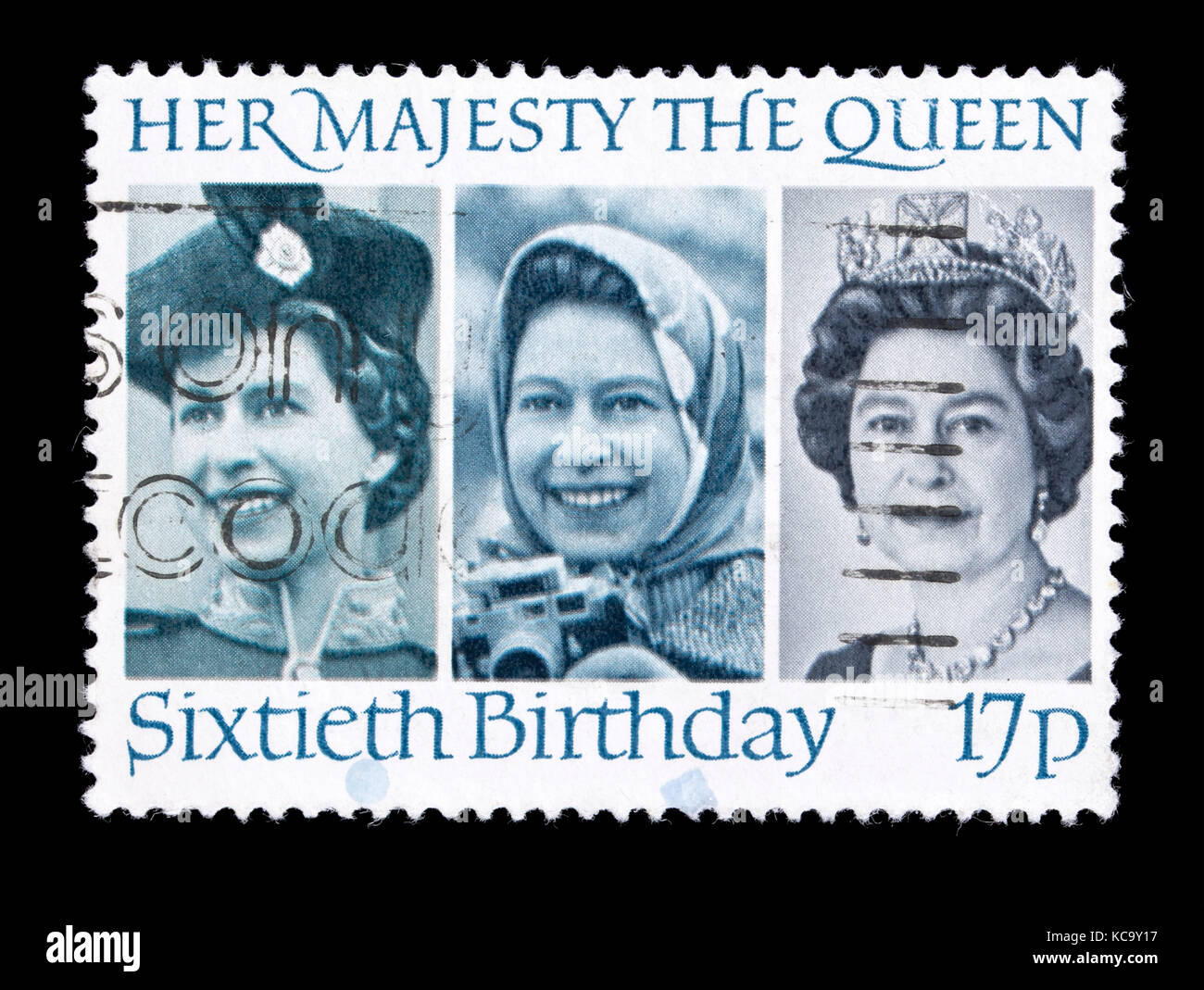 Briefmarke aus Großbritannien, drei Fotos von Königin Elizabeth, für ihren 60. Geburtstag. Stockfoto