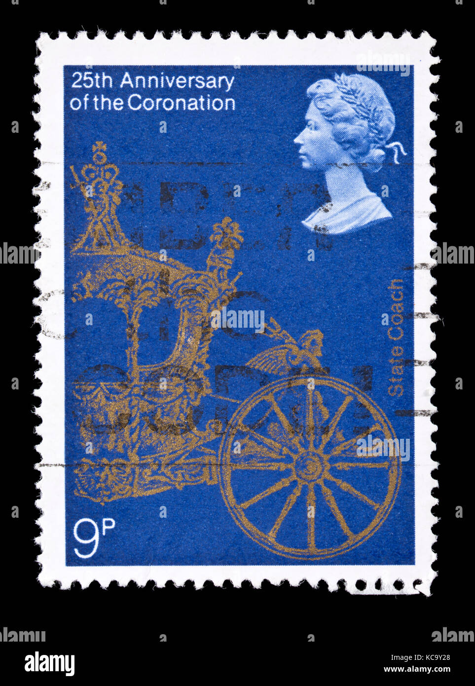 Briefmarke aus Großbritannien zeigt eine Gold- Trainer, herausgegeben für den 25. Jahrestag der Krönung von Königin Elizabeth II. Stockfoto