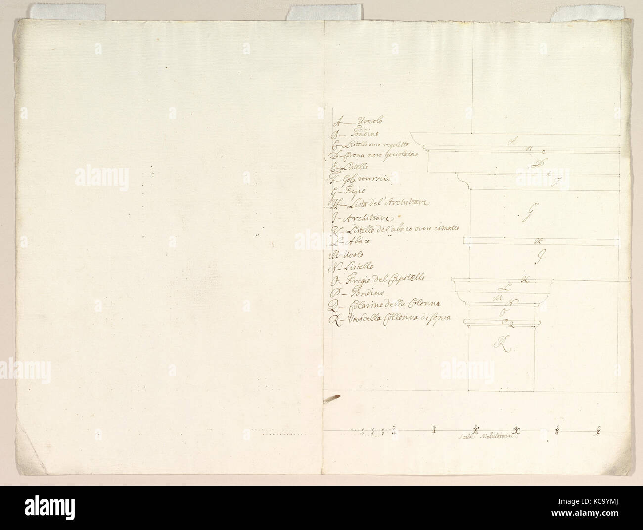 Geblasen bis Detail des Designs in der Höhe für Kolonnade in der Dorischen oder Toskanische Ordnung (recto); geblasen bis Detail der Spalte auf dem Podium Stockfoto
