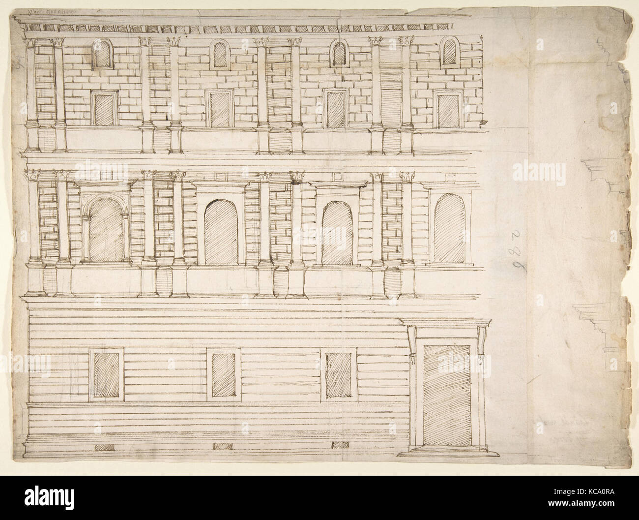 Palazzo Giroud Torlioni, Höhe, Gesims Details (recto) Berechnung Tabelle (verso), Anfang bis Mitte des 16. Jahrhunderts Stockfoto