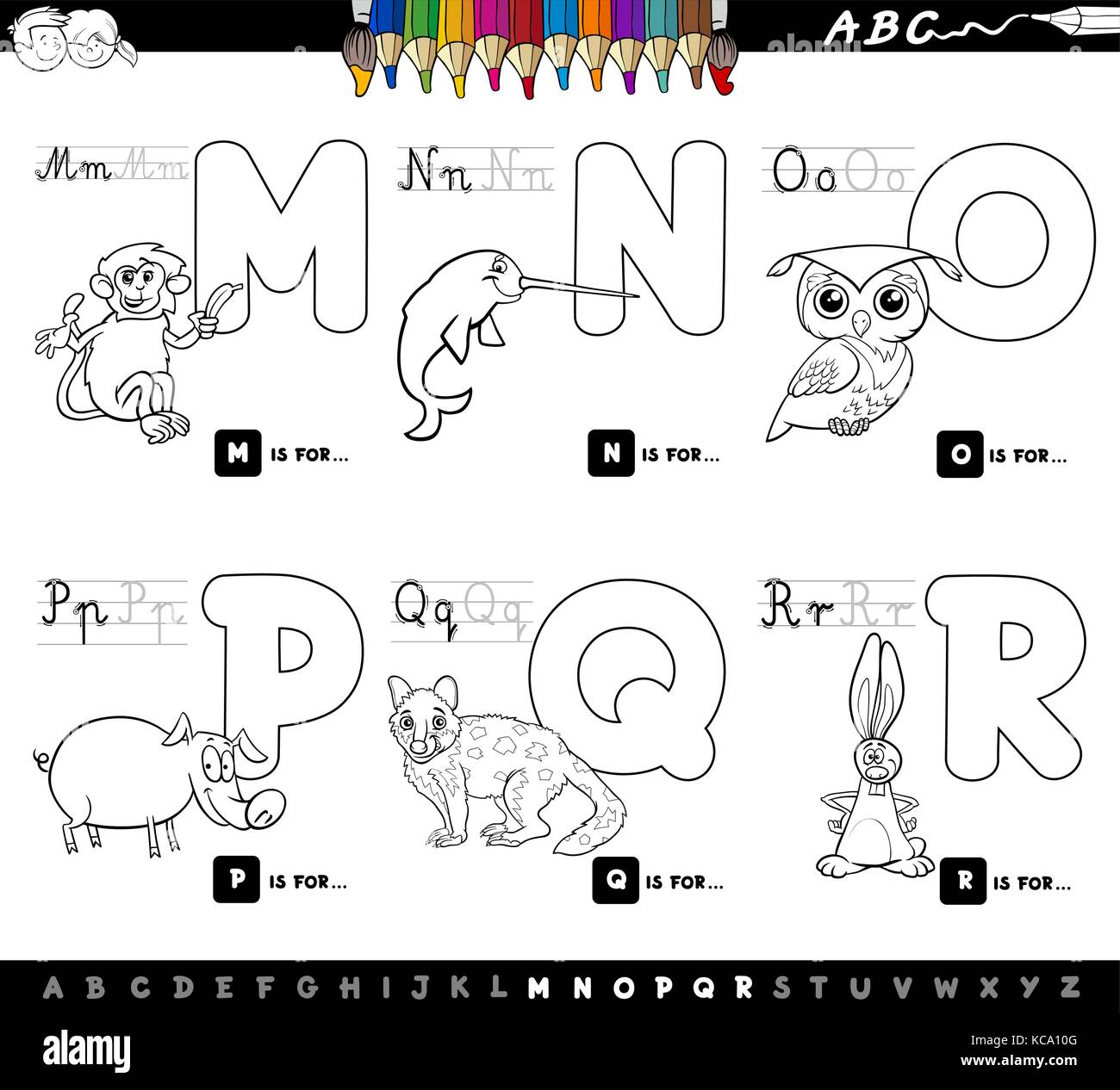 Schwarze und Weiße Cartoon Illustration von Großbuchstaben Alphabet Set mit Tier Zeichen für das Lesen und Schreiben von Bildung für Kinder von M bis R Stock Vektor