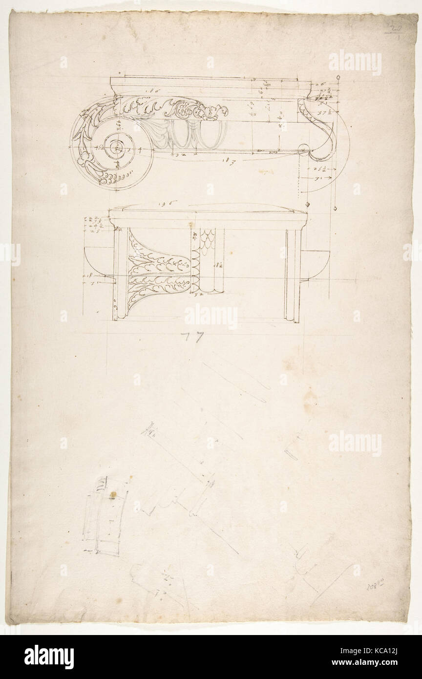 Nicht identifizierte, Ionische Kapital, Front- und Seitenansichten mit kleinen Studien (recto) Berechnung Anmerkungen (verso), Anfang bis Mitte des 16. c Stockfoto