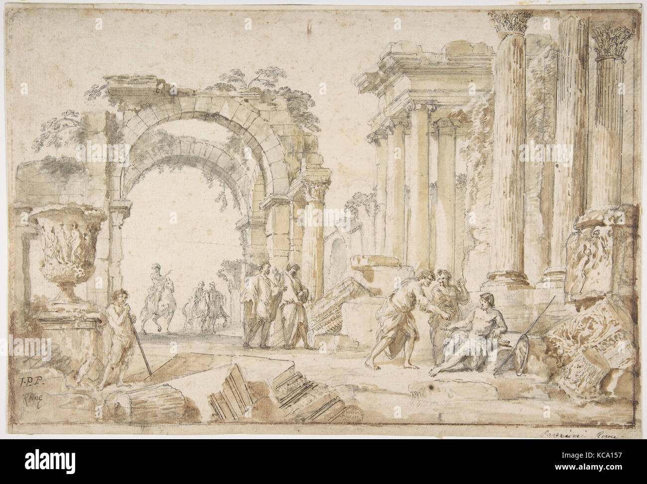 Die Zahlen in der klassischen Ruinen, Giovanni Paolo Panini, 1691 - 1765 Stockfoto