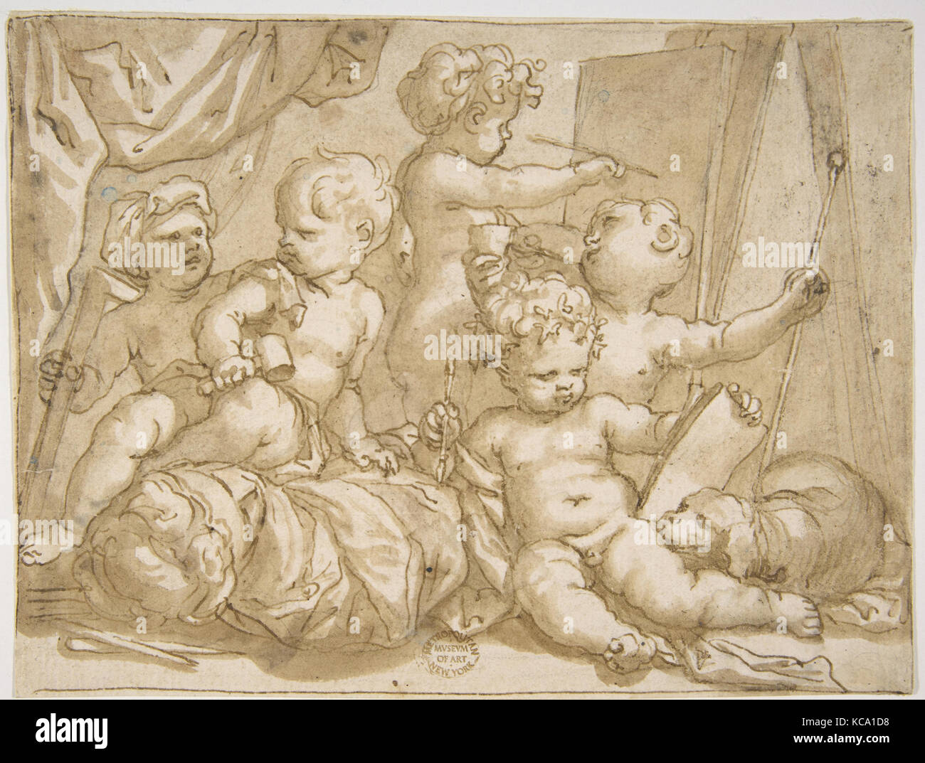 Putti mit den Attributen der Künste, Domenico Piola, 1627 - 1703 Stockfoto