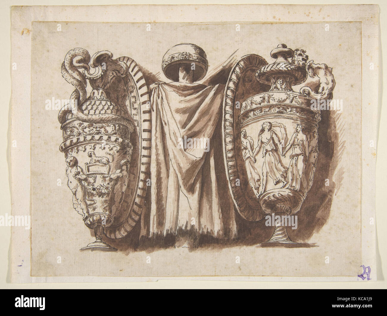 Trophäe mit zwei Vasen, nach Polidoro da Caravaggio, 1600 - 1800 Stockfoto