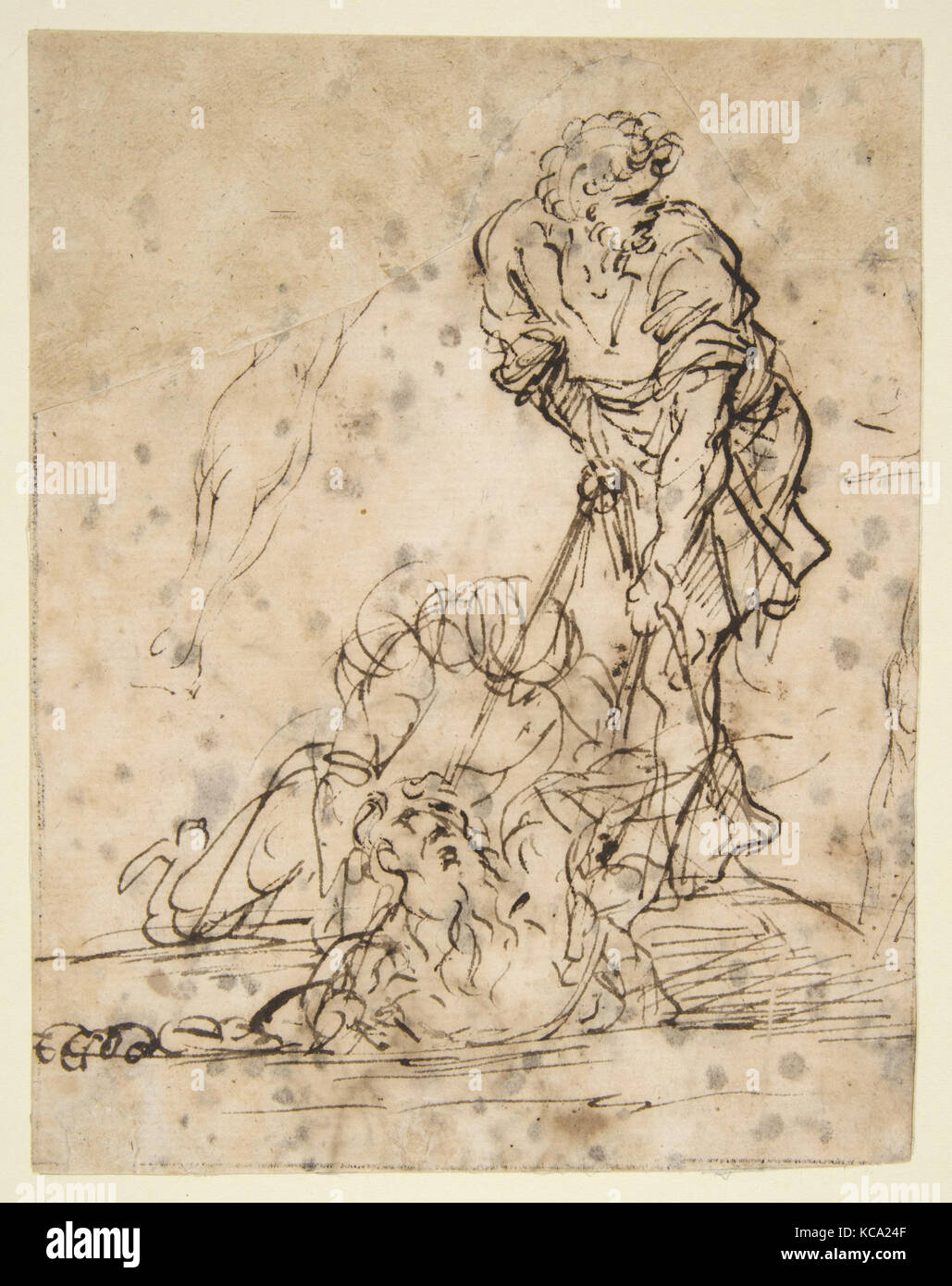Studien für eine Abbildung von einem Grab gehoben oder Grube durch Schnüre. V e r s o: Weitere Studie der selben Figur, Salvator Rosa, 1615-73 Stockfoto