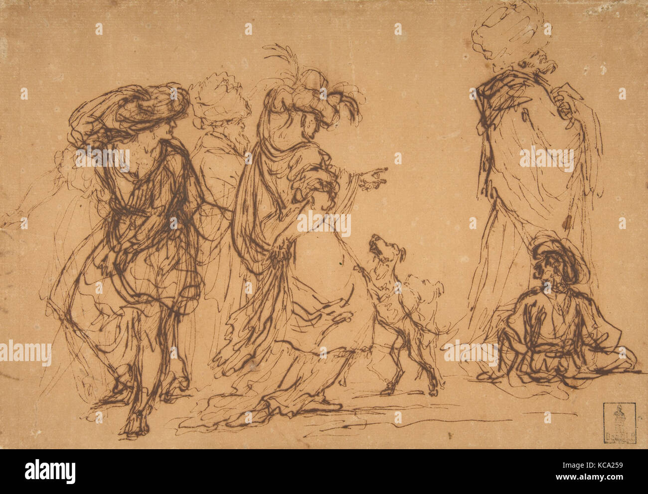 Fünf Figuren in fantastischen Kostümen mit zwei Hunden, Salvator Rosa, 1615-73 Stockfoto