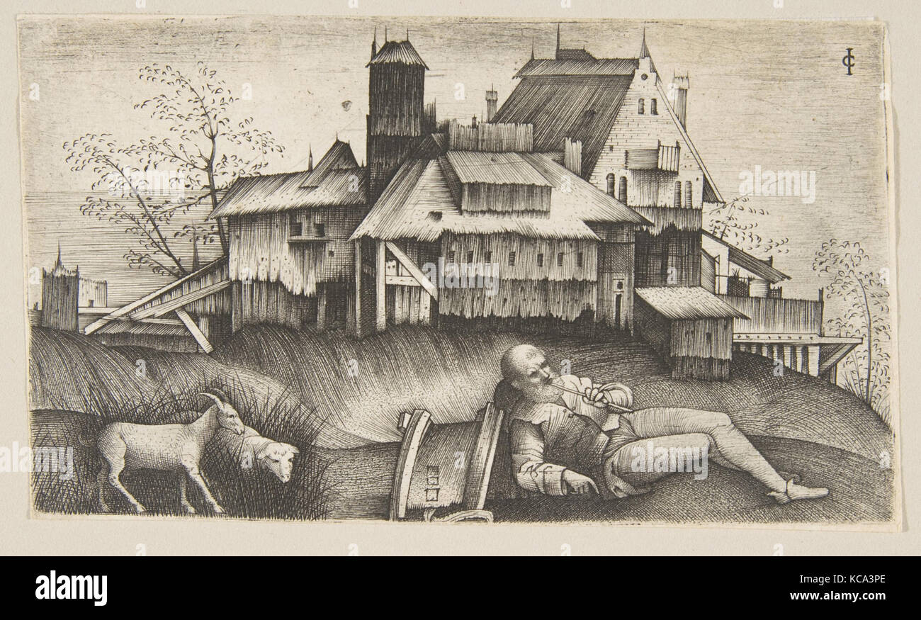 Die alten Hirten in einer Landschaft liegen, Gebäude hinter, eine Ziege und Schaf auf der linken Seite, Giulio Campagnola, Ca. 1500 - 1515 Stockfoto