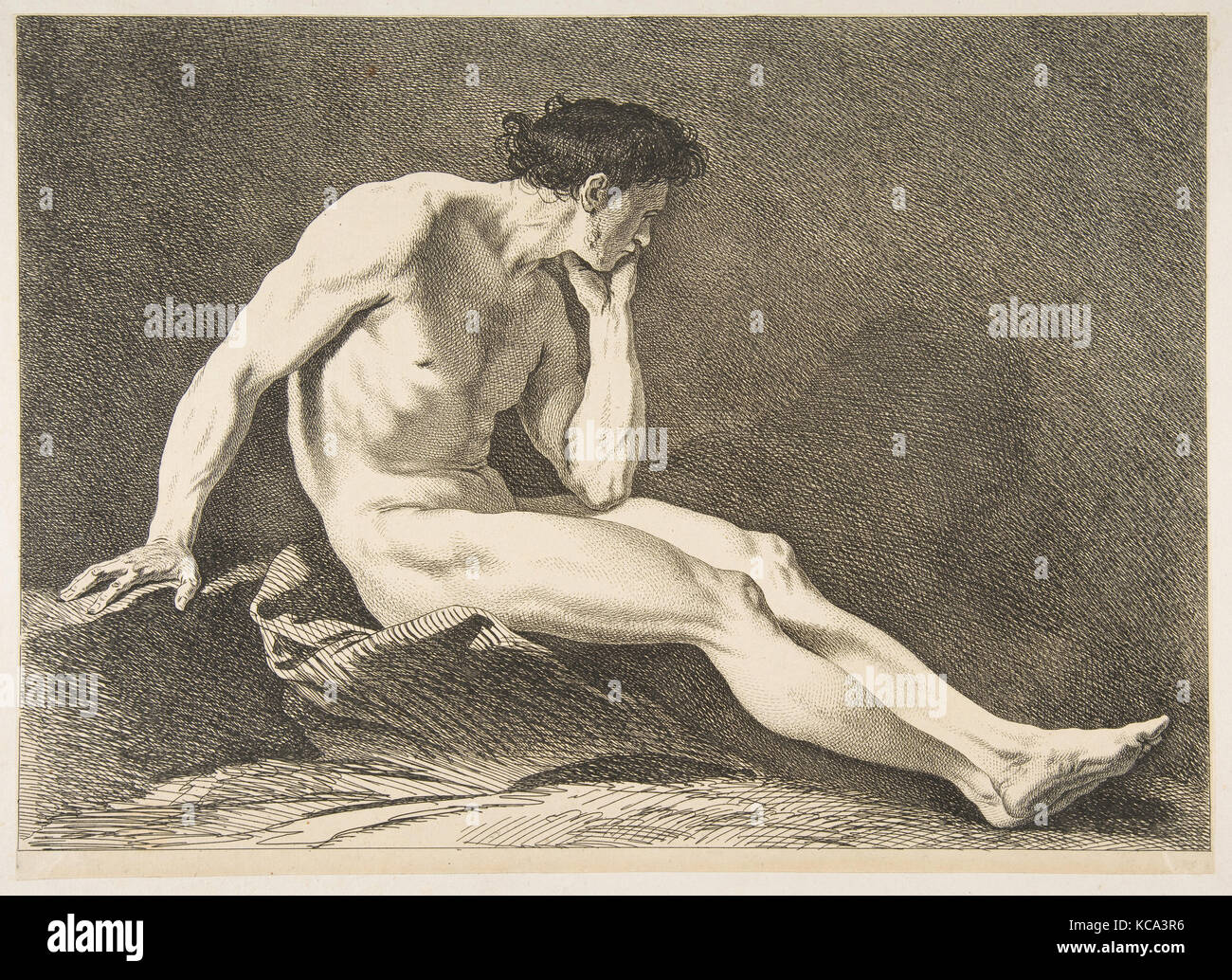 Ein 'Académie': sitzende Mann, 1742-43, Ätzen, Blatt: 10 15/16 x 15 3/16 in. (27,8 x 38,5 cm), Drucke, Carle (Charles André Stockfoto