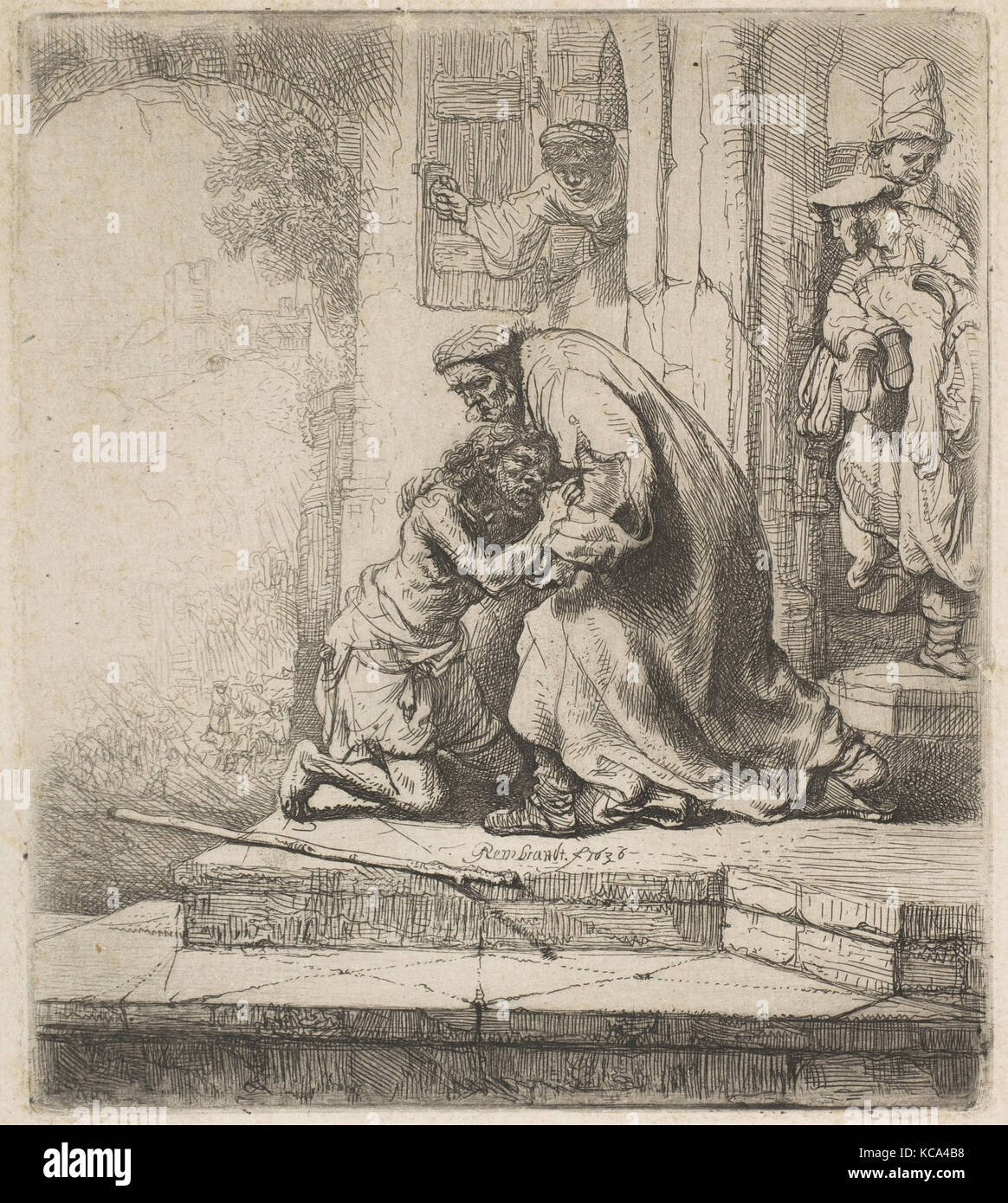 Die Rückkehr des verlorenen Sohnes, 1636, Radierung, Platte: 6 1/8 x 5 7/16 in. (15,6 x 13,8 cm), Drucke, Rembrandt (Rembrandt van Rijn Stockfoto