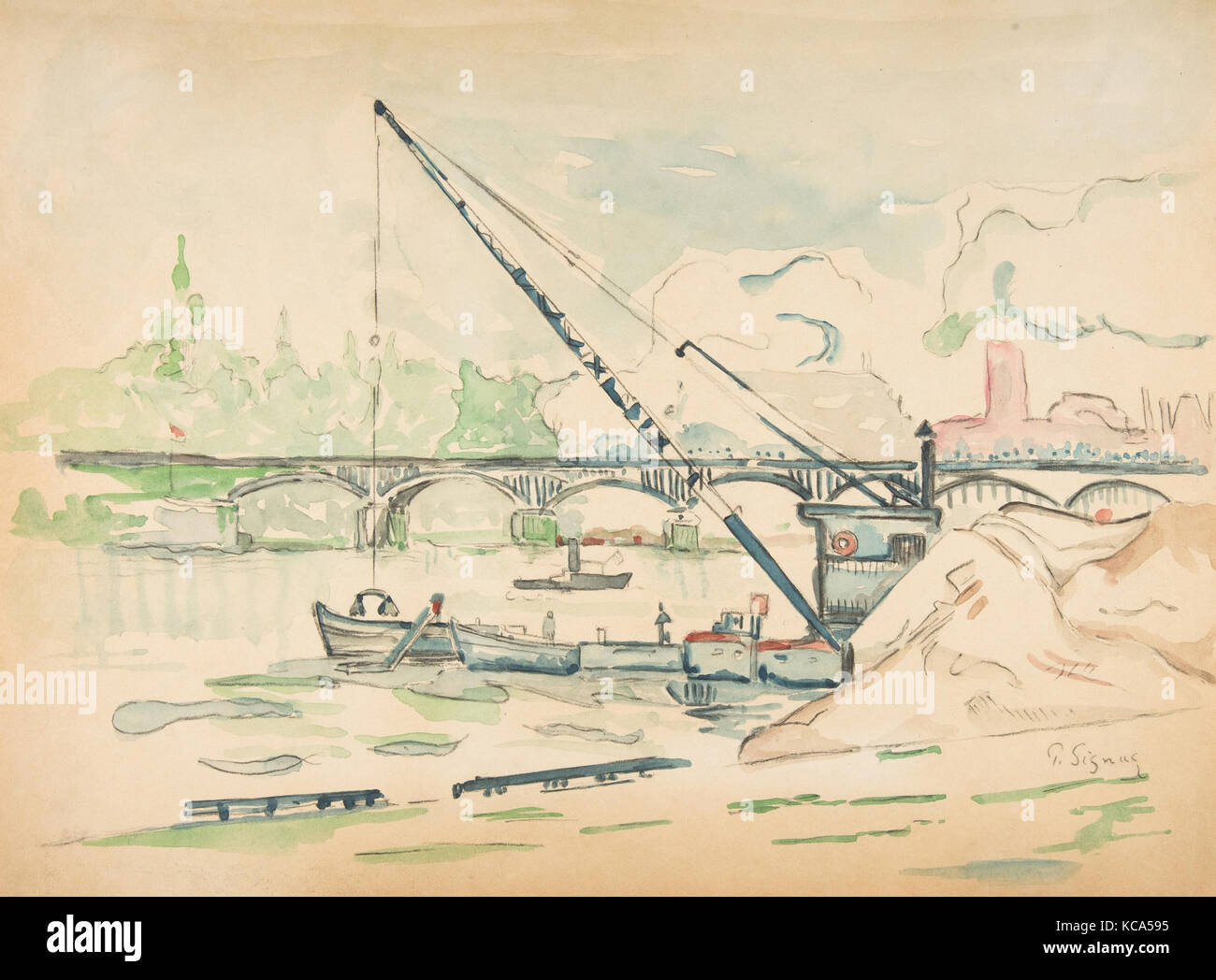 Le Pont des Arts, n.d., Aquarell über Schwarze Kreide, Blatt: 11 x 14 cm. (27,9 x 36,8 cm), Zeichnungen, Paul Signac (Französisch Stockfoto