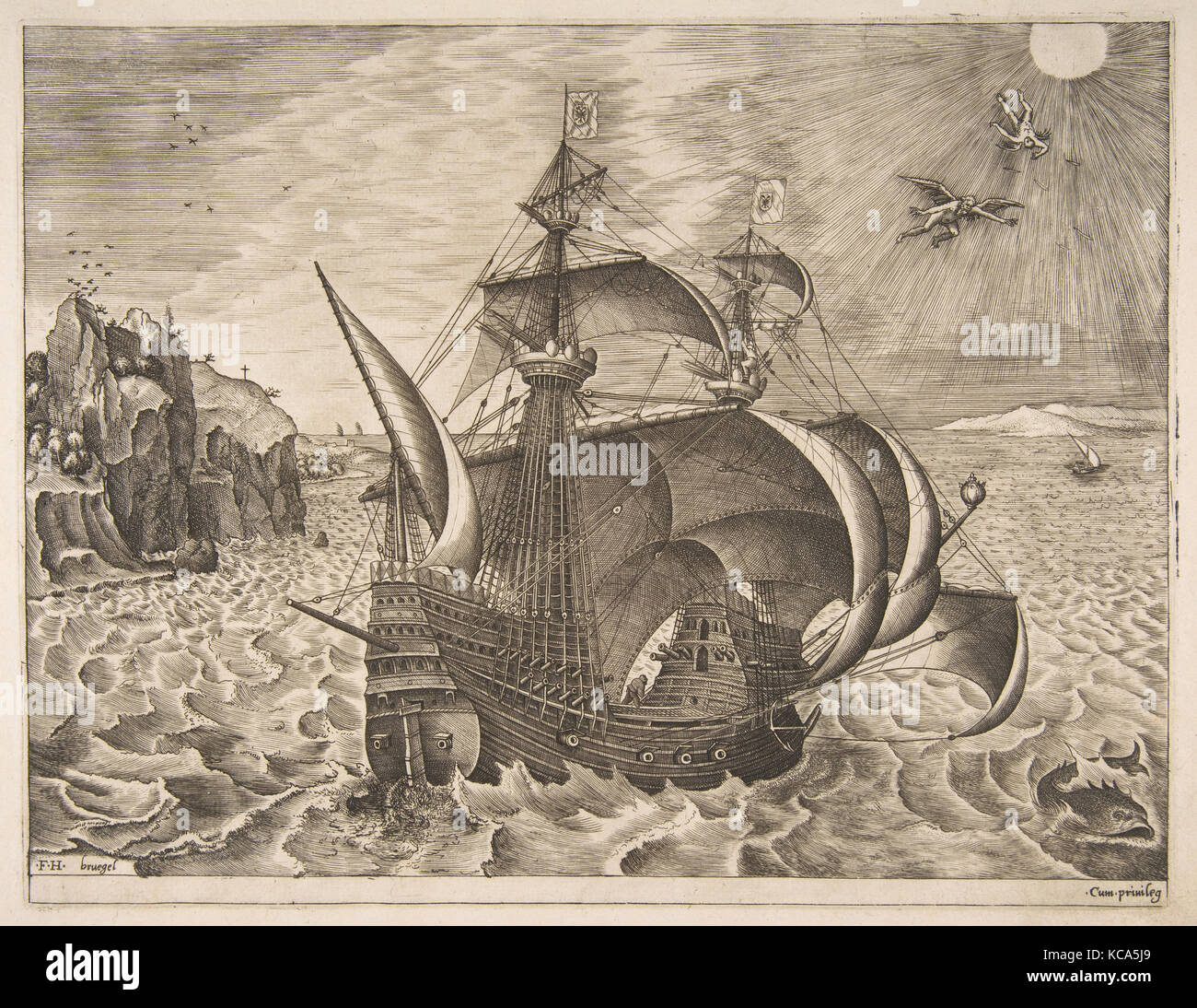 Bewaffnete drei-master mit Dädalus und Ikarus in den Himmel von der Segelschiffe, nach Pieter Brueghel der Ältere, 1561-65 Stockfoto