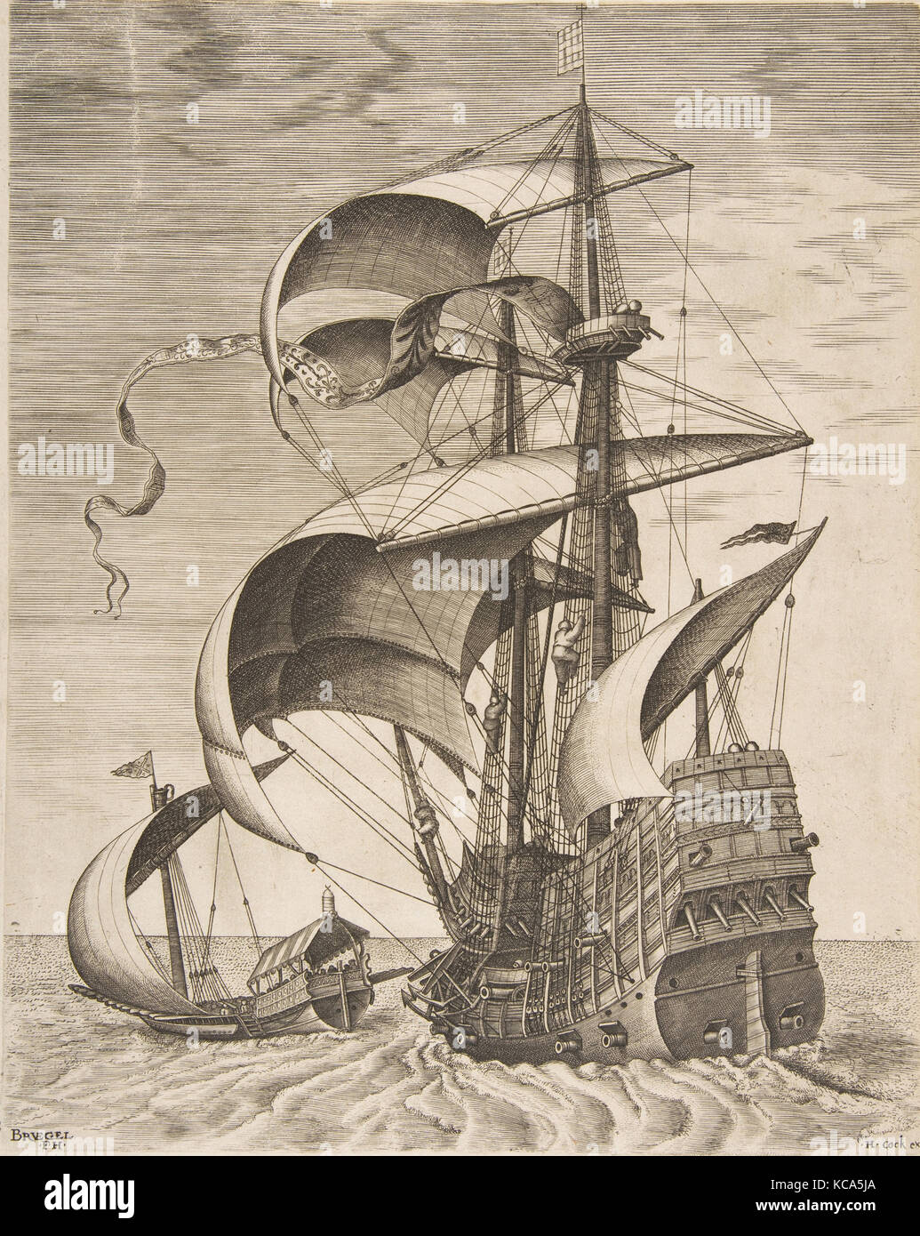 Bewaffnete Three-Master auf dem offenen Meer, begleitet von einer Galeere aus der Segelschiffe, nach Pieter Brueghel der Ältere, 1561-65 Stockfoto