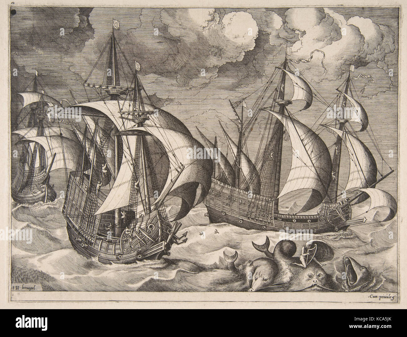 Drei Karavellen in einem steigenden Squall mit Arion auf einem Delphin aus der Segelschiffe, Pieter Bruegel der Ältere, 1561-65 Stockfoto