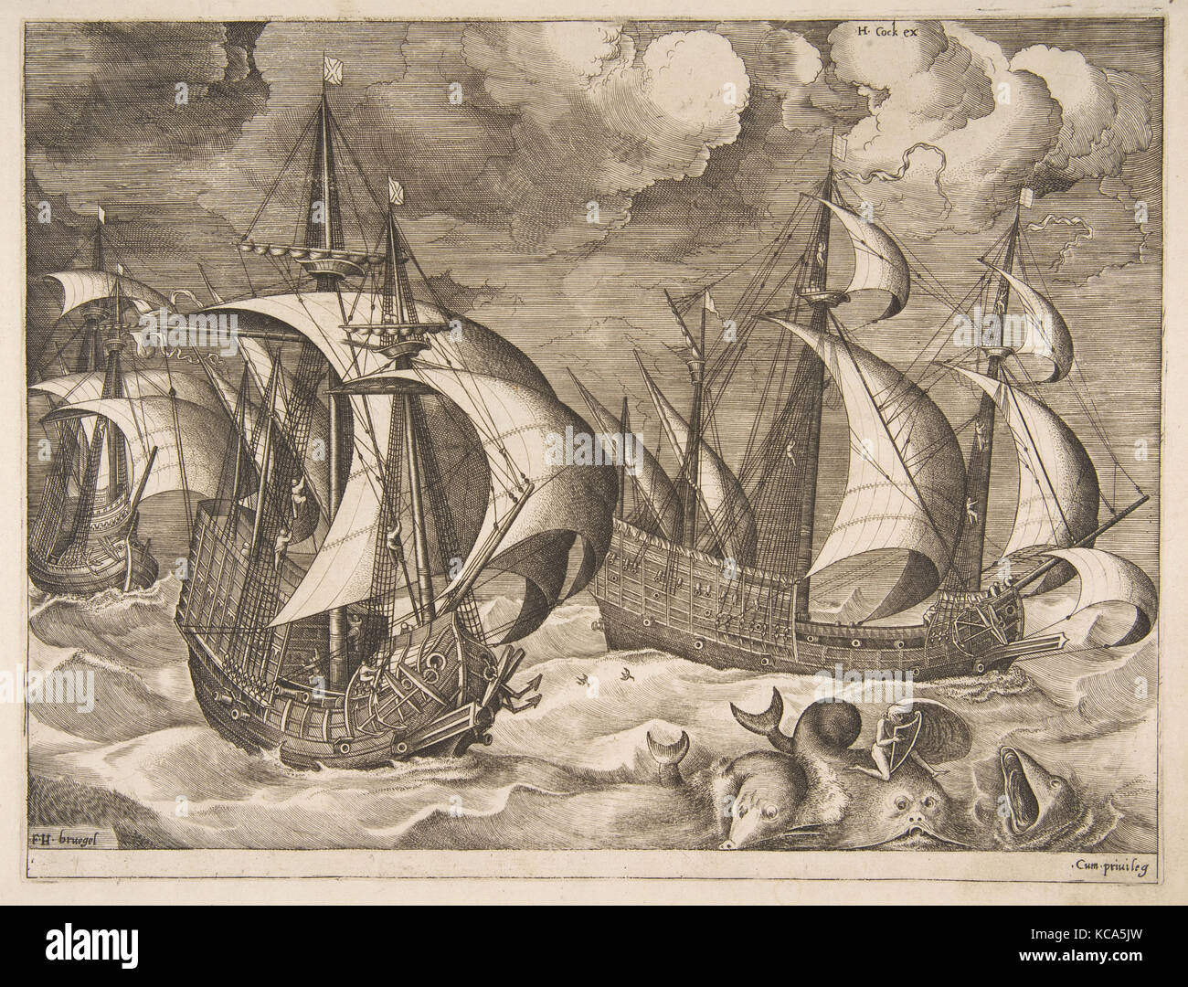Drei Karavellen in einem steigenden Squall mit Arion auf einem Delphin aus der Segelschiffe, nach Pieter Brueghel der Ältere, 1561-65 Stockfoto