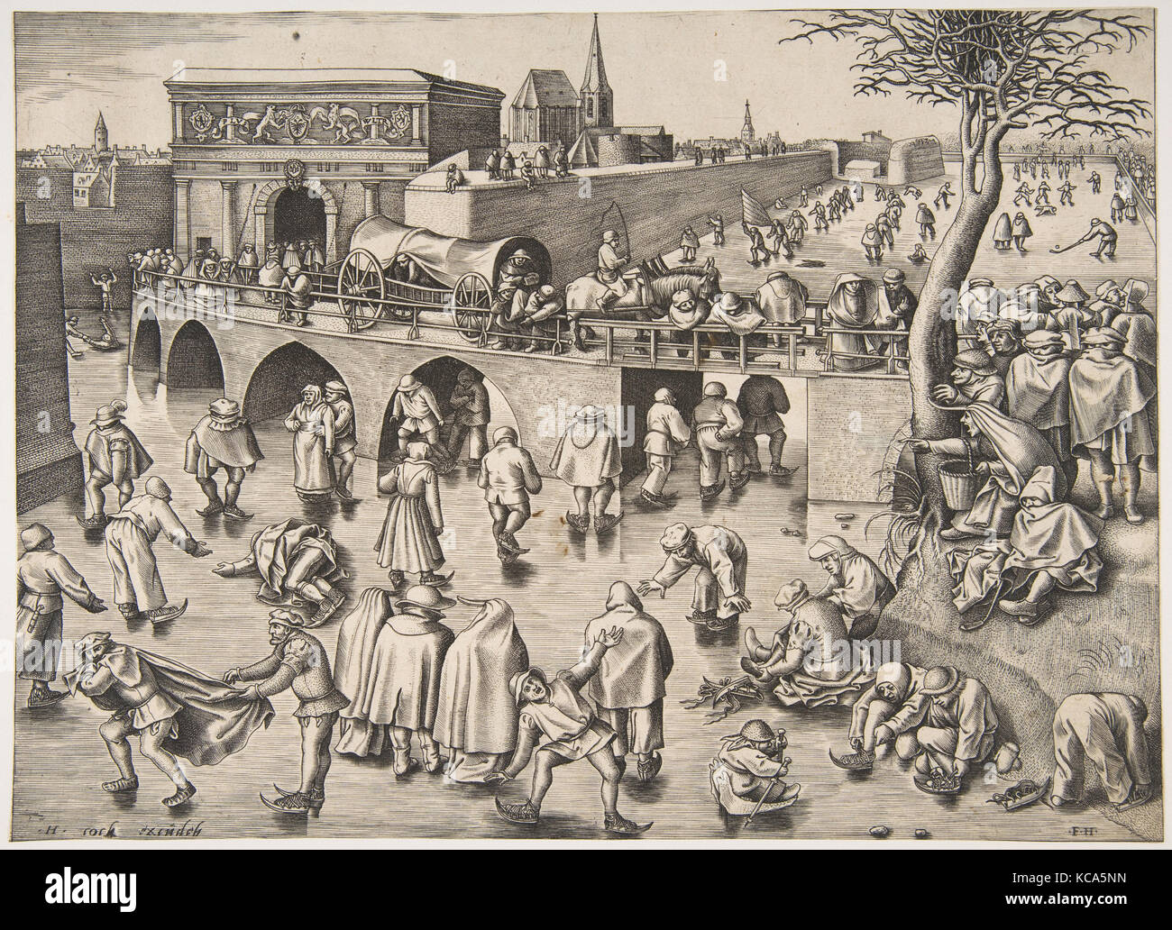 Eislaufen vor dem St. George's Gate, Antwerpen, nach Pieter Brueghel der Ältere, Ca. 1558 Stockfoto