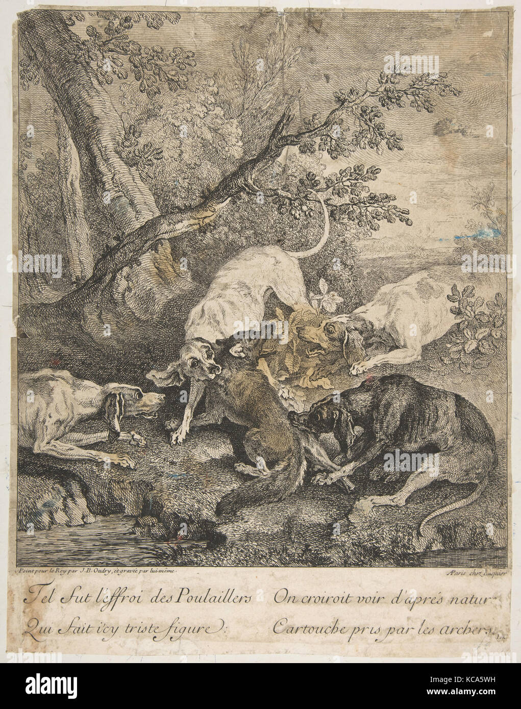 Fox Hunt, 1736, Radierung, Bild: 11 15/16 x 10 11/16 in. (30,3 x 27,2 cm), Drucke, Jean-Baptiste Oudry (Französisch, Paris 1686 - 1755 Stockfoto