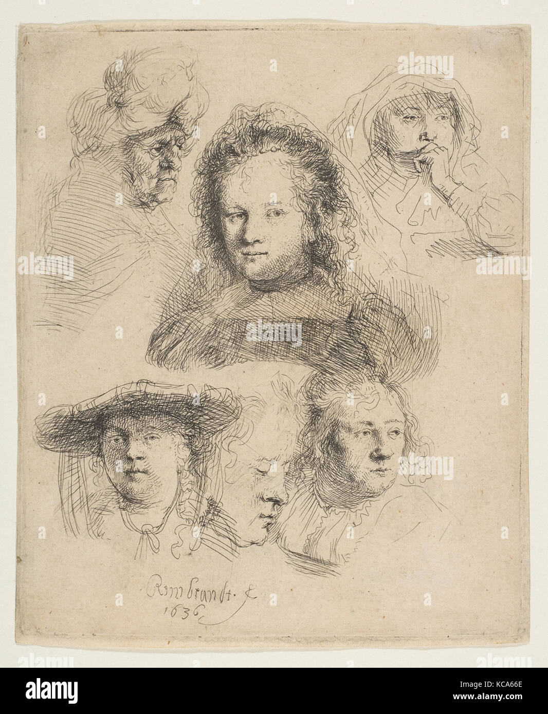 Studien über die Köpfe von Saskia und Andere, Rembrandt, 1636 Stockfoto