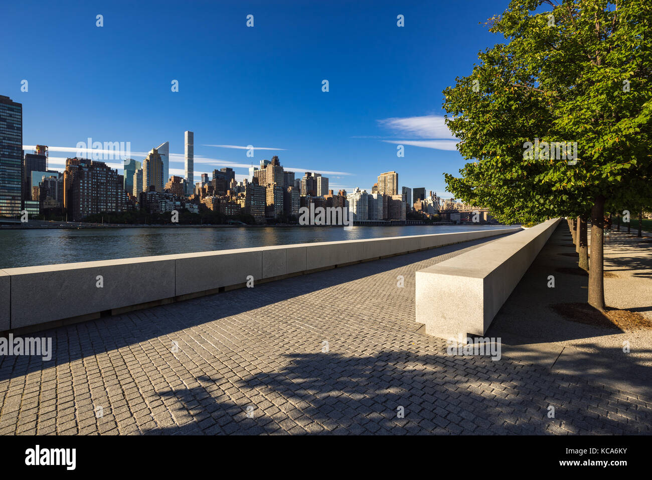 Sommer Blick auf Manhattan Midtown East von Roosevelt Island (Franklin D. Rosevelt vier Freiheiten Park). New York City Stockfoto