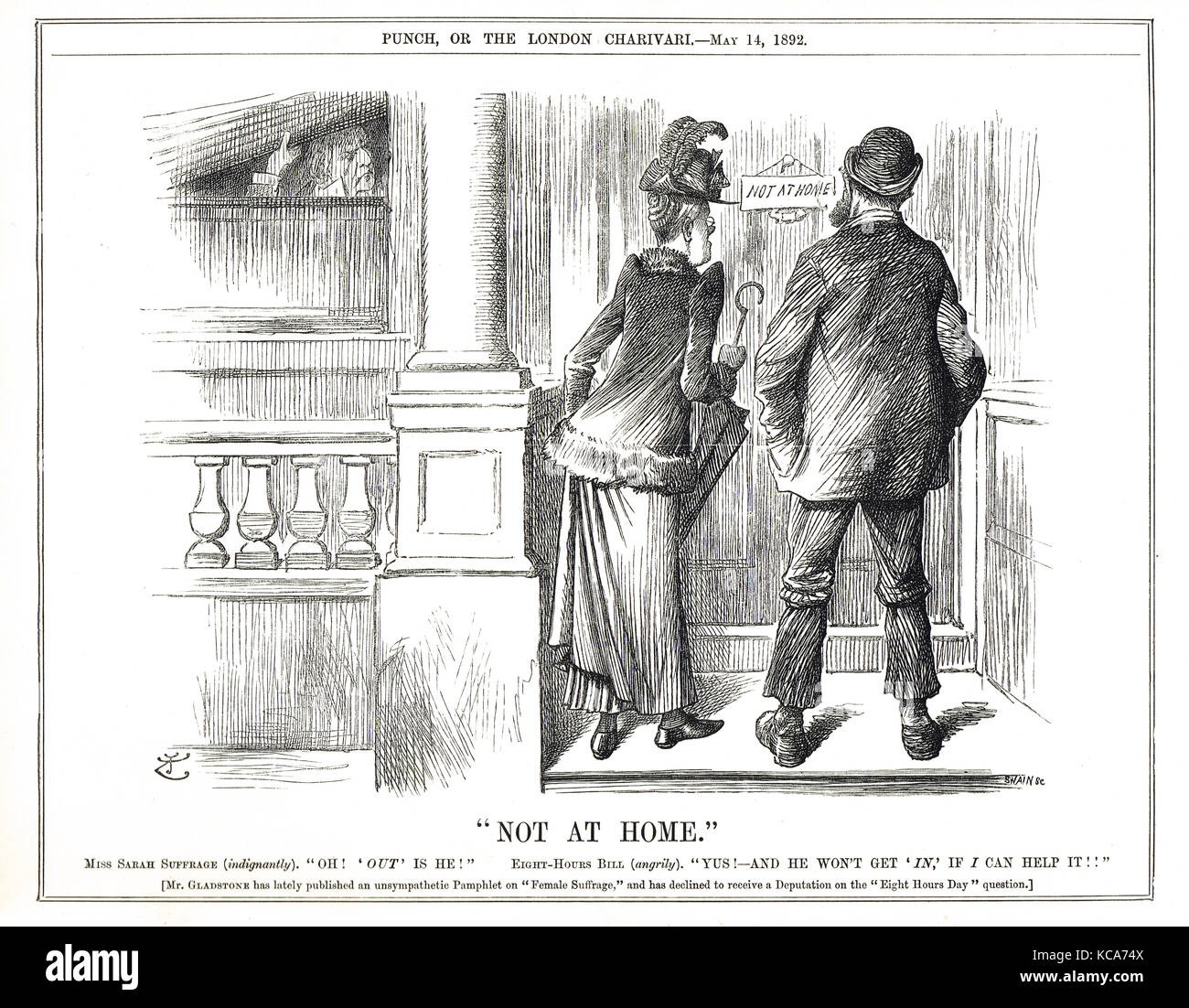 William Gladstone versteckt sich vor Wahlkampfaktivisten für Frauen und einem acht Stunden Arbeitstag, Punch Cartoon 1892 Stockfoto