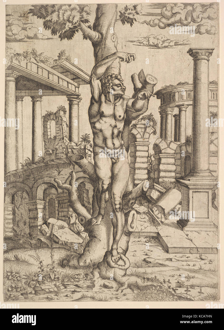 Mann in einen Baum, 1543-44, Ätzen, Blatt beigefügt: 12 1/16 x 8 3/4 in. (30,6 x 22,3 cm), Drucke, Master I 0 V (aktiv Ca. 1542 - 45 Stockfoto