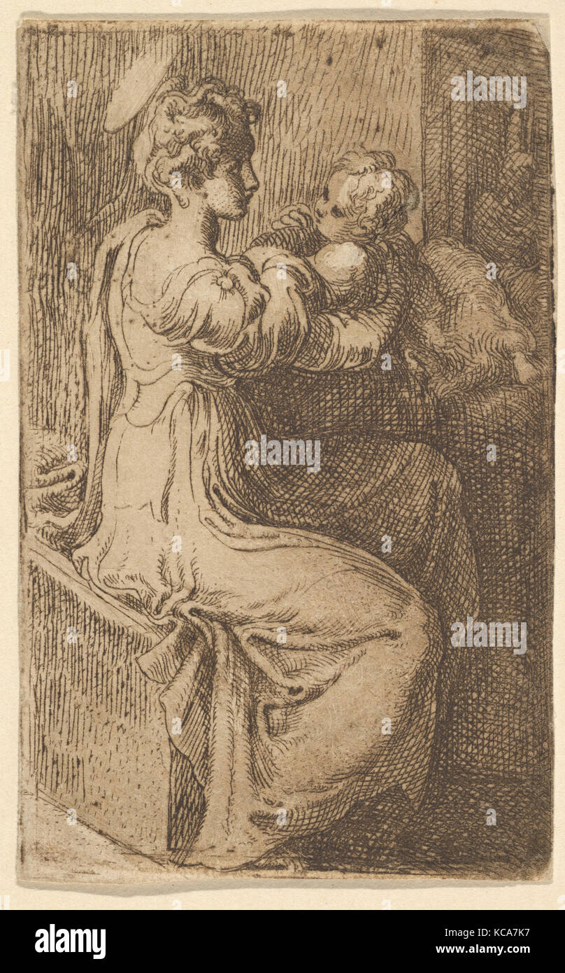 Jungfrau und Kind, 1527-1530, Radierung gedruckt in brauner Tinte mit Ton; erste Zustand von zwei, Blatt: 3 11/16 x 2 1/4 in. (9,3 x 5,7 Stockfoto