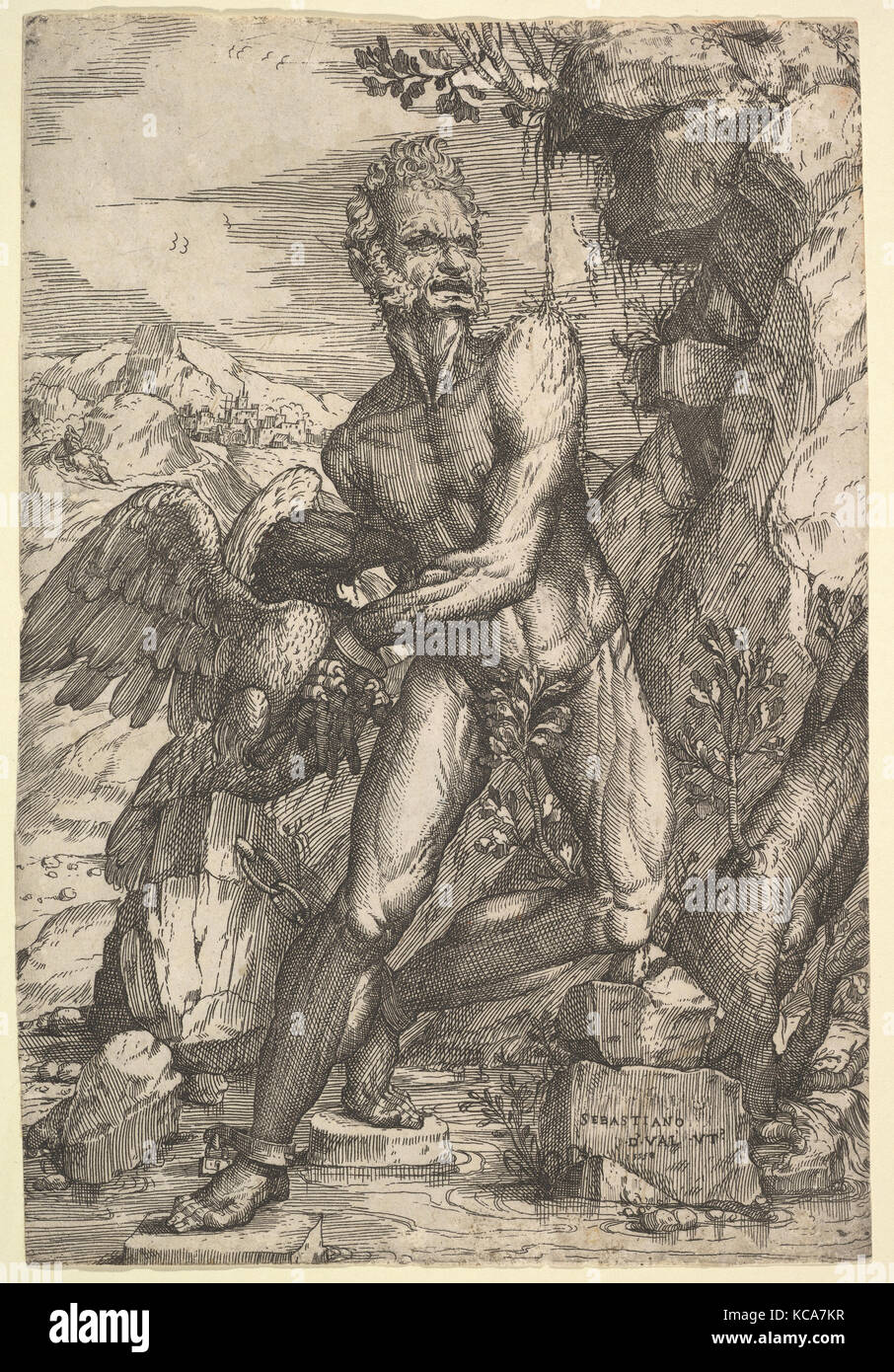 Prometheus, Ca. 1558, Radierung und Gravieren, Platte: 19 1/4 x 14 1/4 in. (48,9 x 36,2 cm), Drucke, Sebastiano de' Valentinis Stockfoto