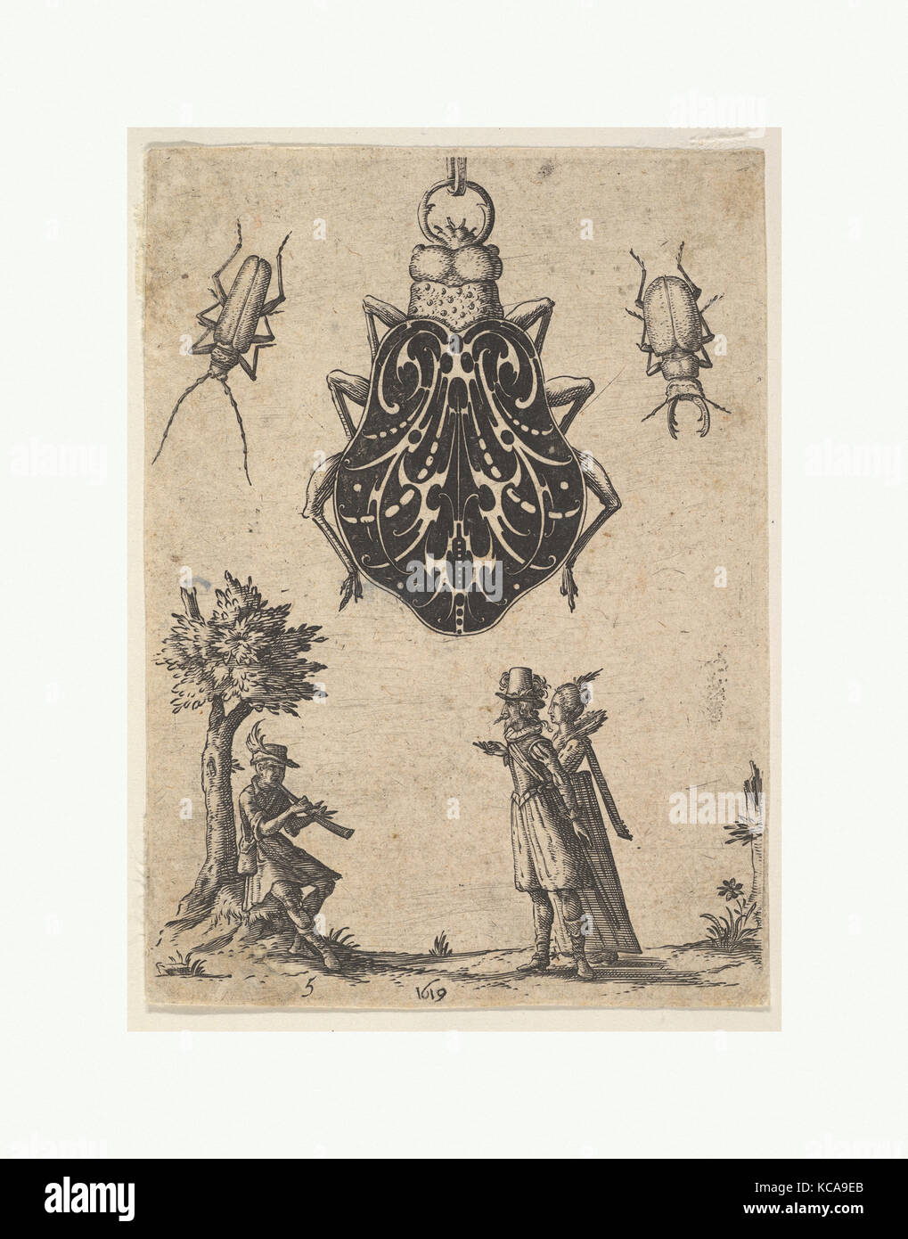 Anhänger geformt wie ein Käfer mit ein Paar und ein junger Mann spielen Sie auf einem Instrument, Jean Toutin, 1619 Stockfoto