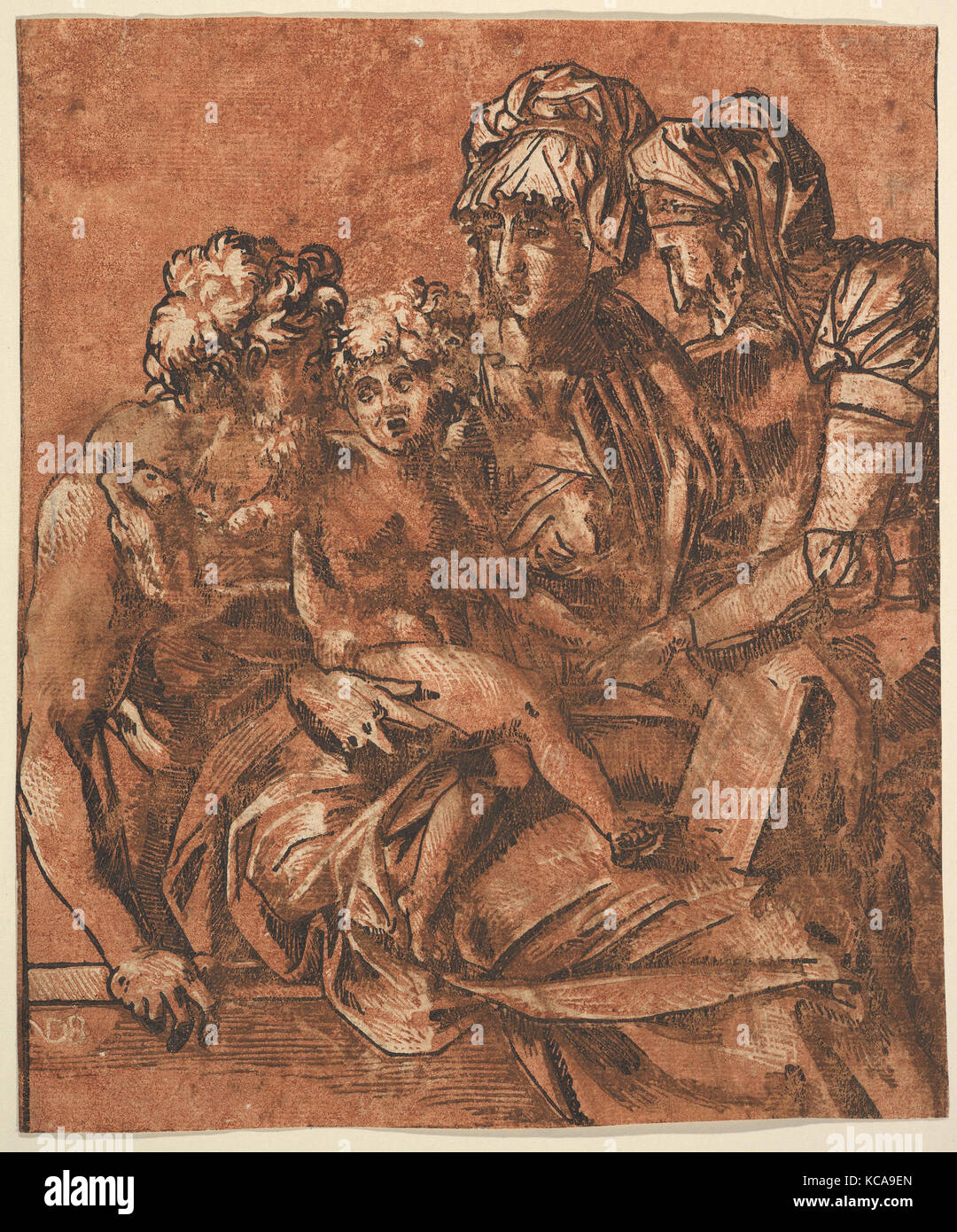 Heilige Familie, Ca. 1544, Chiaroscuro Holzschnitt aus drei Blocks in rosa-rot, braun und schwarz gedruckt, Blatt: 8 3/4 x 7 3/8 Zoll Stockfoto