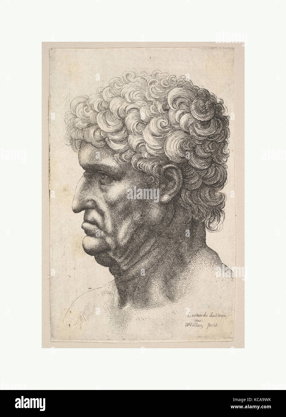 Kopf von einem Mann mit dicken lockigen Haar im Profil auf der linken Seite, nach Leonardo da Vinci, 1640 - 49 Stockfoto