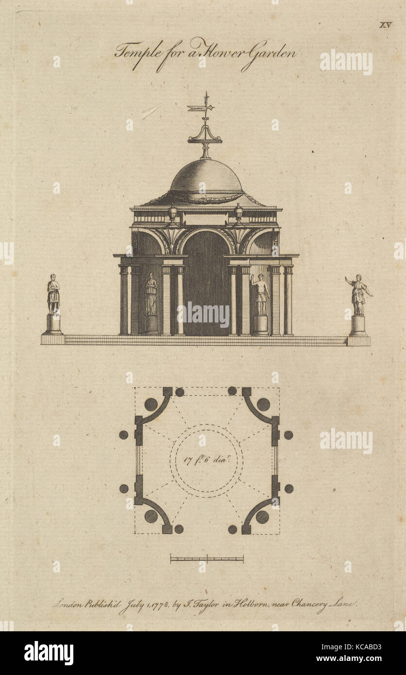 Tempel für einen Blumengarten, 1778, Radierung, Platte: 7 15/16 x 4 15/16 in. (20,2 x 12,5 cm), Sir John Soane (Briten, Goring-on Stockfoto