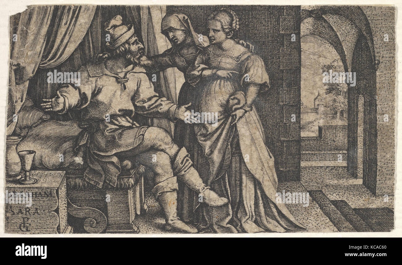 Sara, Hagar zu Abraham, der am Fuße eines Bett sitzt, aus der Serie "Die Geschichte von Abraham', Georg Pencz, Ca. 1543 Stockfoto