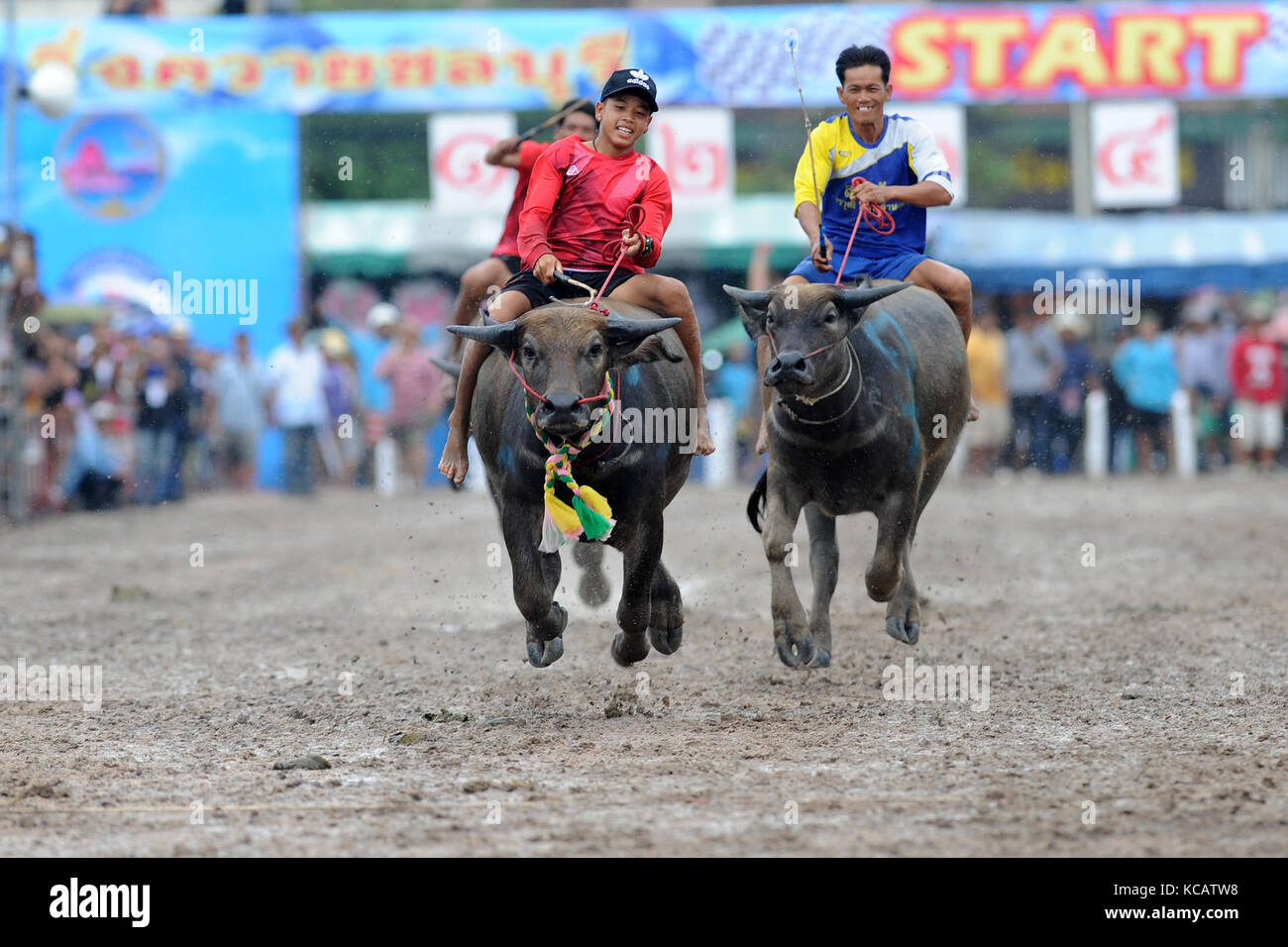 Chonburi, Thailand. 4. Oktober 2017. Racers während einer jährlichen Buffalo racing in Chonburi, Thailand konkurrieren. Credit: Rachen sageamsak/Xinhua/alamy leben Nachrichten Stockfoto