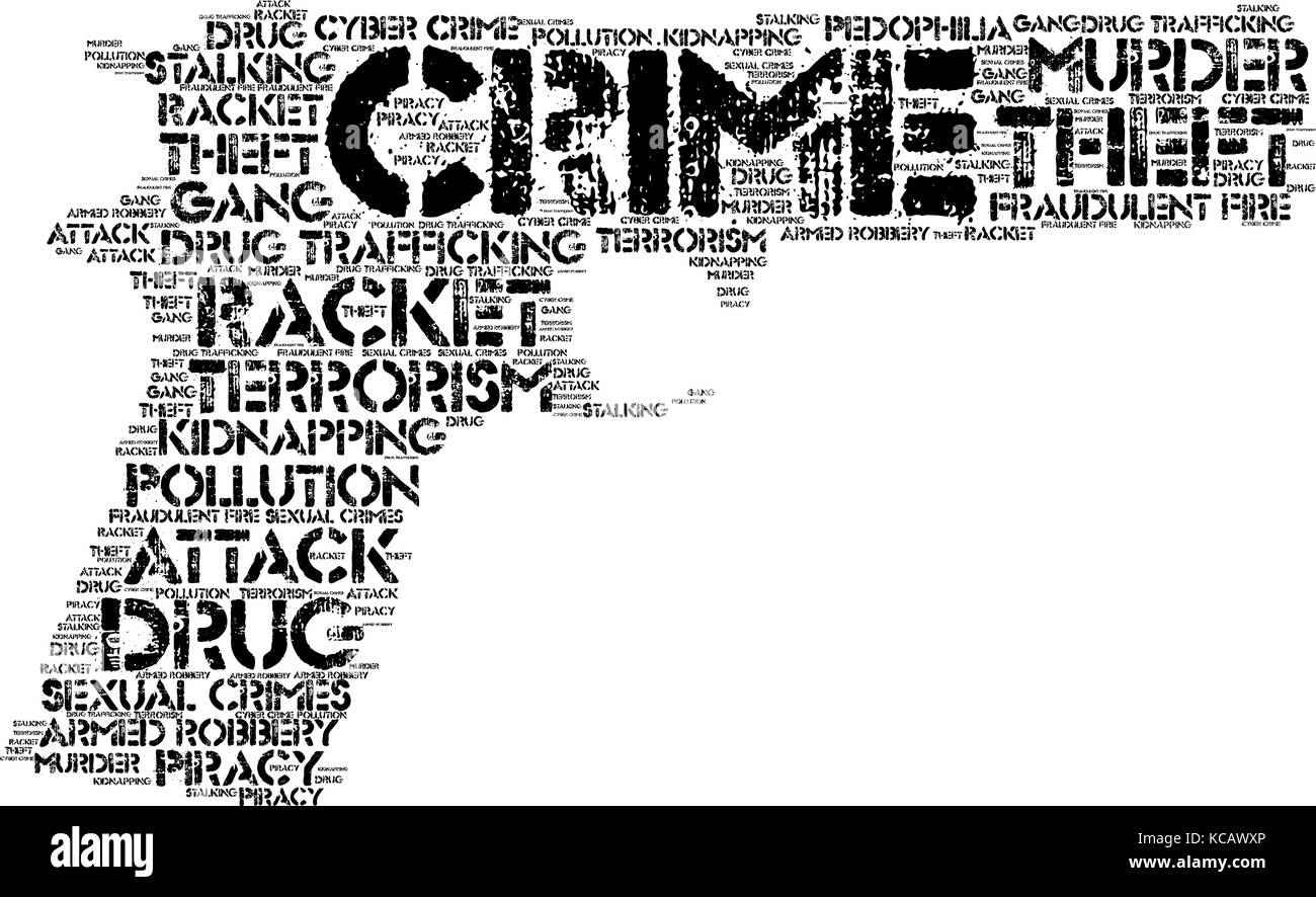 Wort Wolke, Kriminalität Konzept mit gun Form und Tags auf weißem Hintergrund. Stock Vektor