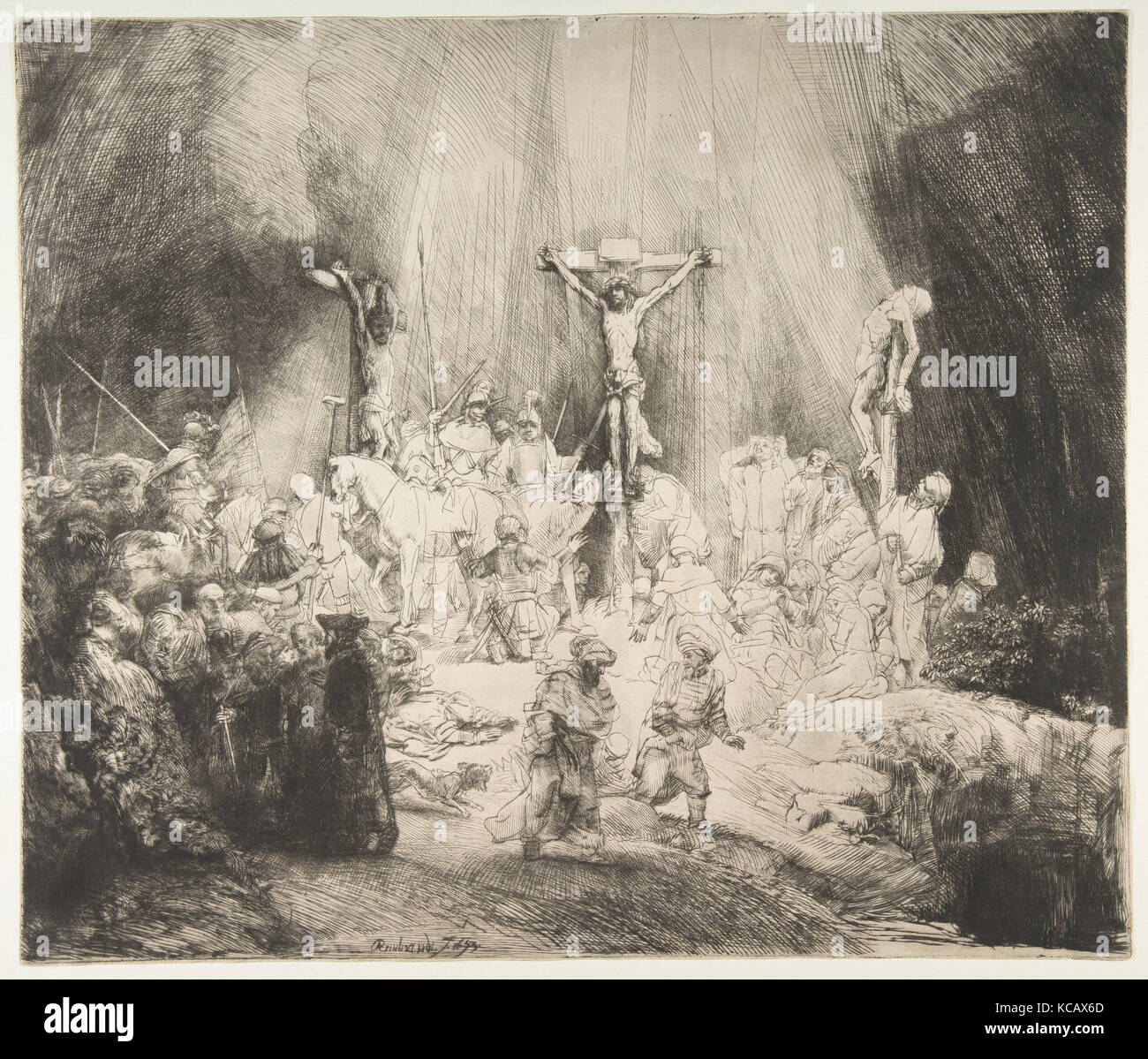 Christus gekreuzigt zwischen die beiden Diebe: Die drei Kreuze, Rembrandt, 1653 Stockfoto