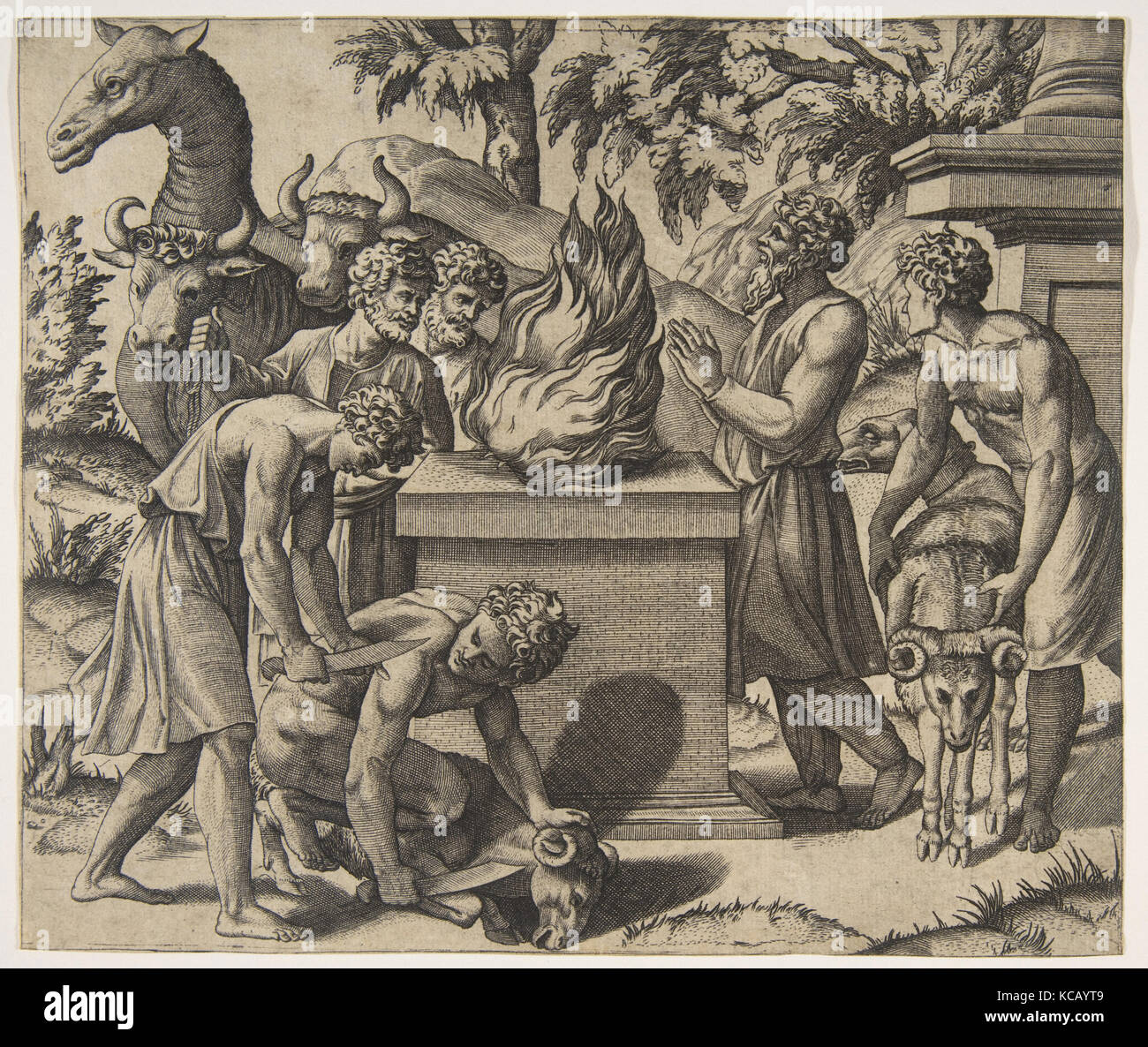Noahs Opfer; Noah rechts mit seinen Händen clapsed im Gebet, bevor ein Feuer auf einem Altar, zwei Männer zu Opfern einer Ram Stockfoto