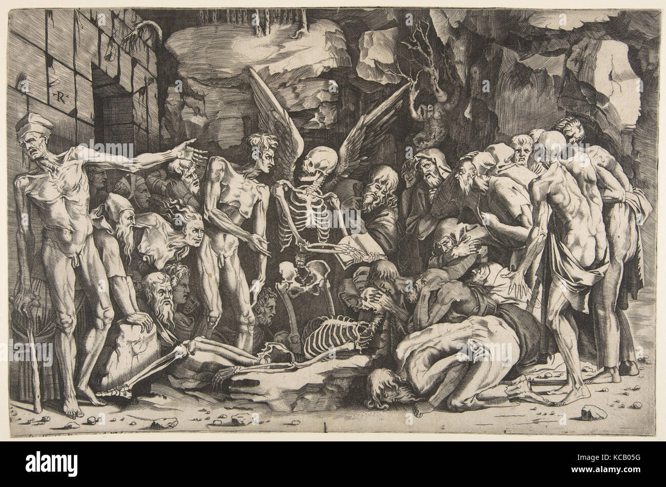 Eine Gruppe von Ausgemergelten Männer und Frauen um ein Skelett auf dem Boden und eine Figur des Todes als geflügelte Skelett gelegt gesammelt Stockfoto