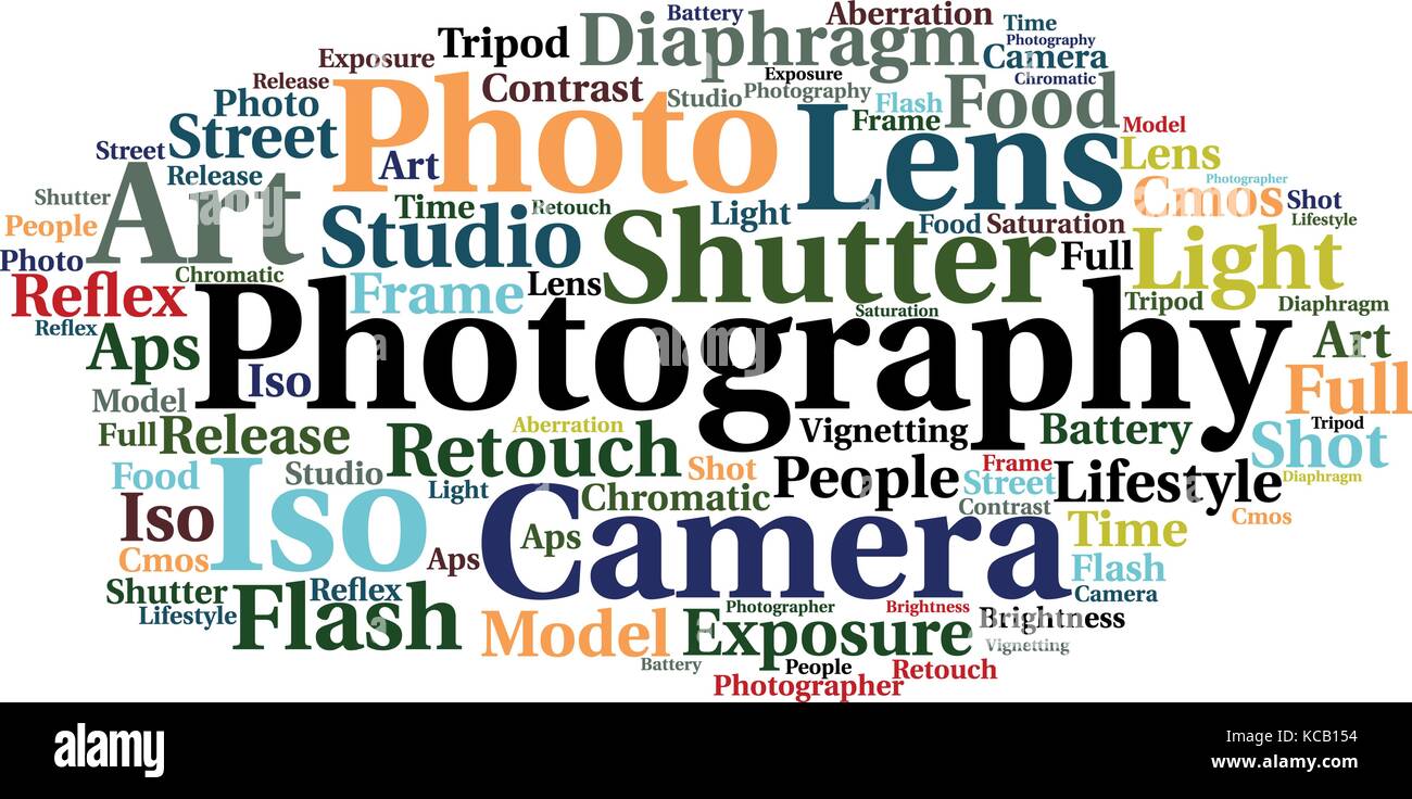 Tag Cloud Fotografie aus einem Worte Collage auf weißem Hintergrund. Stock Vektor