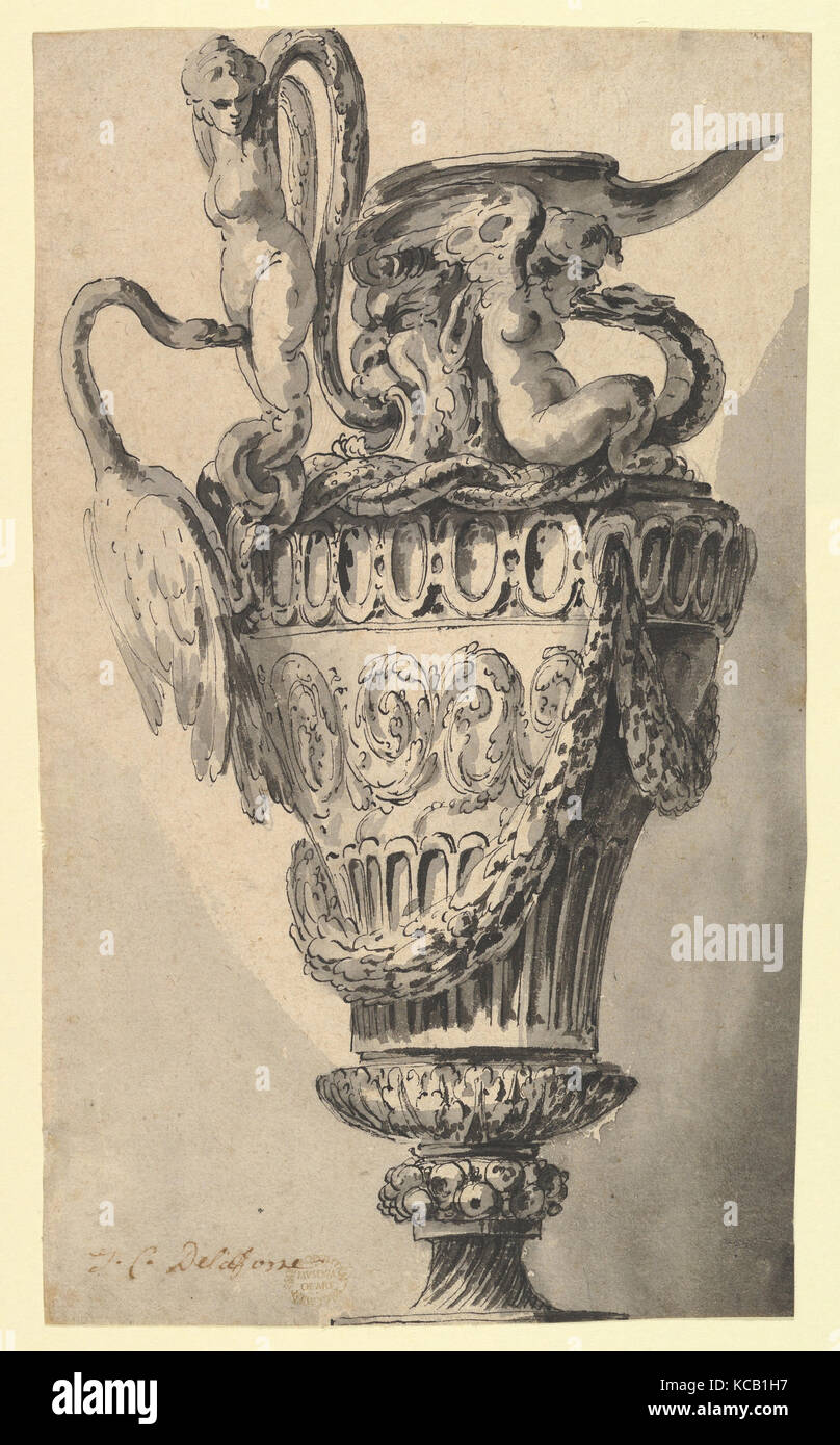 Design für ein Ewer, 1734-91, Stift und Tinte schwarz mit Pinsel in Grau waschen und Rote Kreide über Graphit underdrawing., 9 9/16 x 5 9/1 Stockfoto