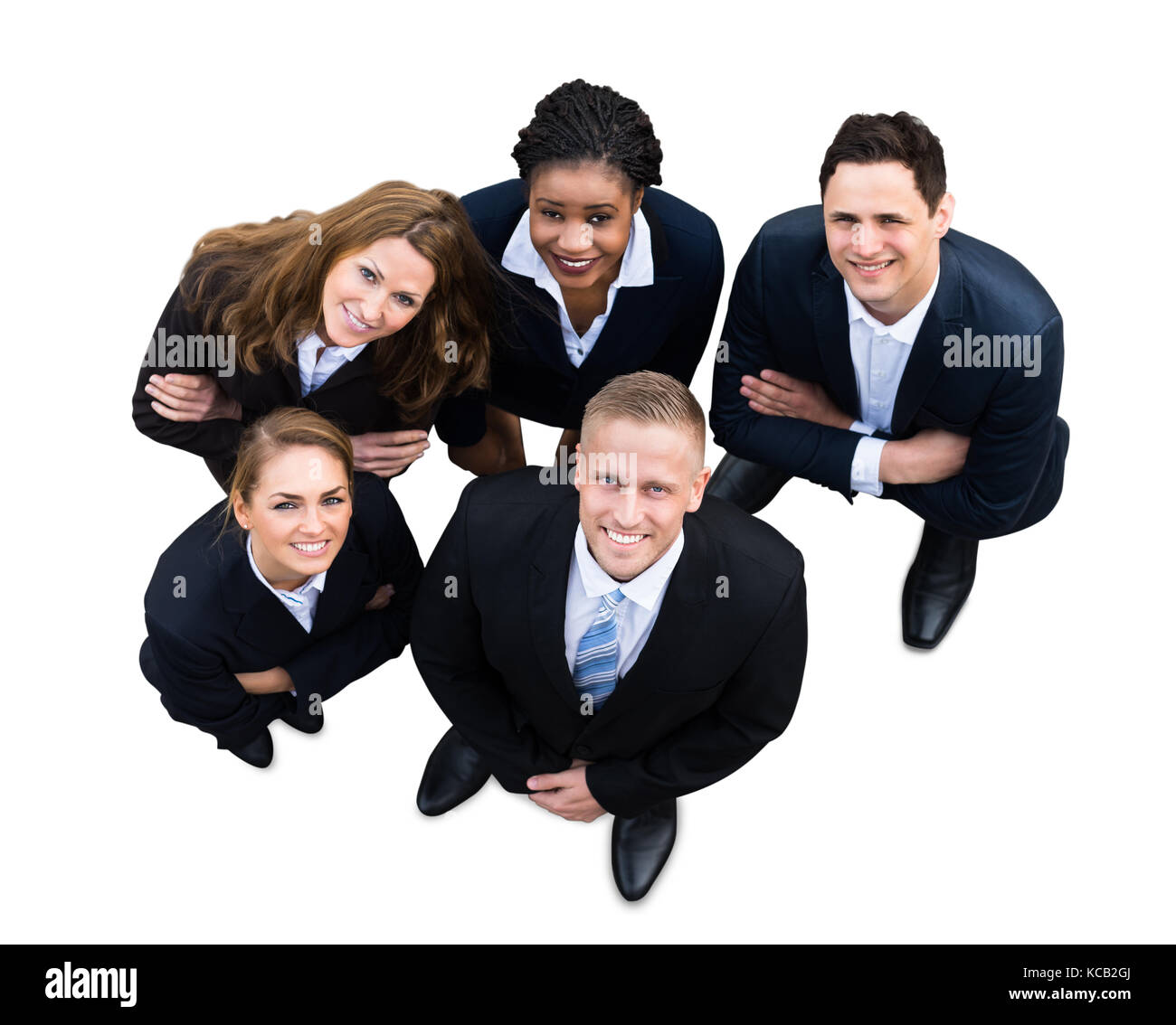 Hohe Betrachtungswinkel und einer erfolgreichen Geschäftsleute mit unterschiedlichen multi Ethnizität stehend auf weißem Hintergrund Stockfoto