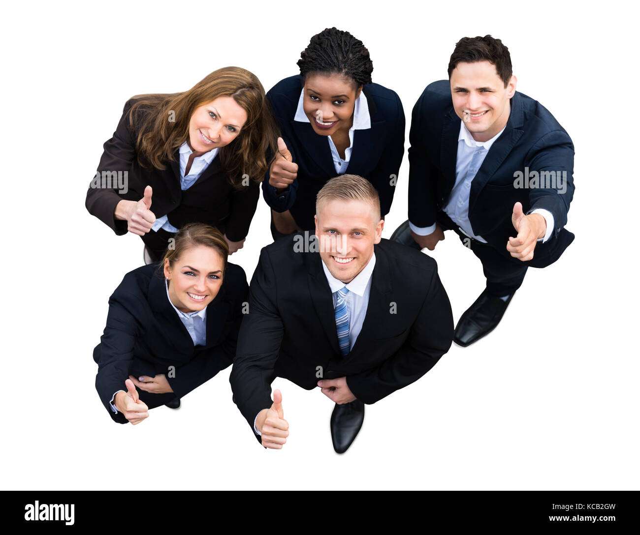 Hohe Betrachtungswinkel und einer erfolgreichen Geschäftsleute mit unterschiedlichen multi Ethnizität stehend auf weißem Hintergrund Stockfoto