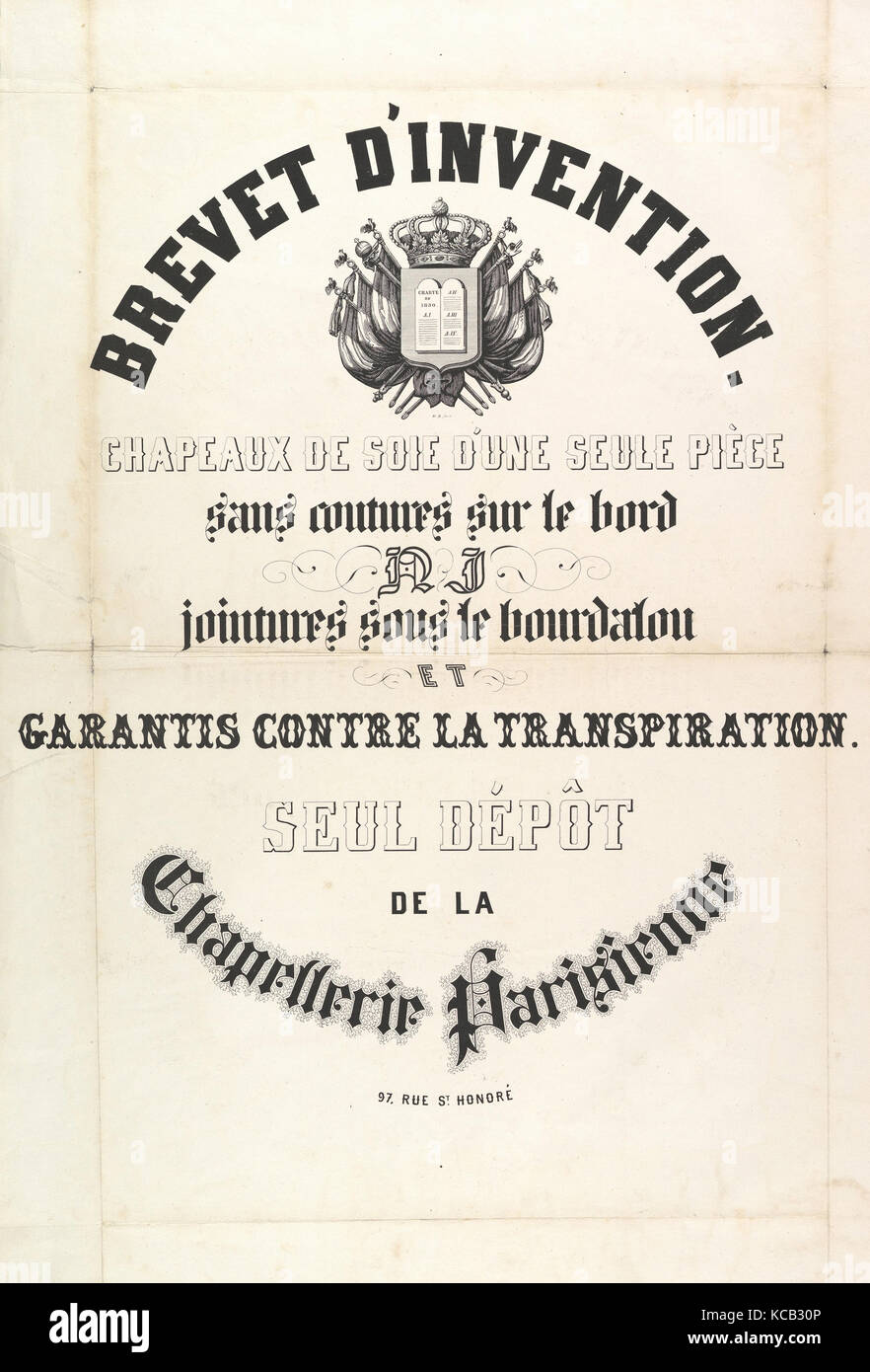 Brevet d'Invention. Chapeaux de Soie d'une seule Pack..., Anonym, Französisch, 19., 19. Jahrhundert Stockfoto